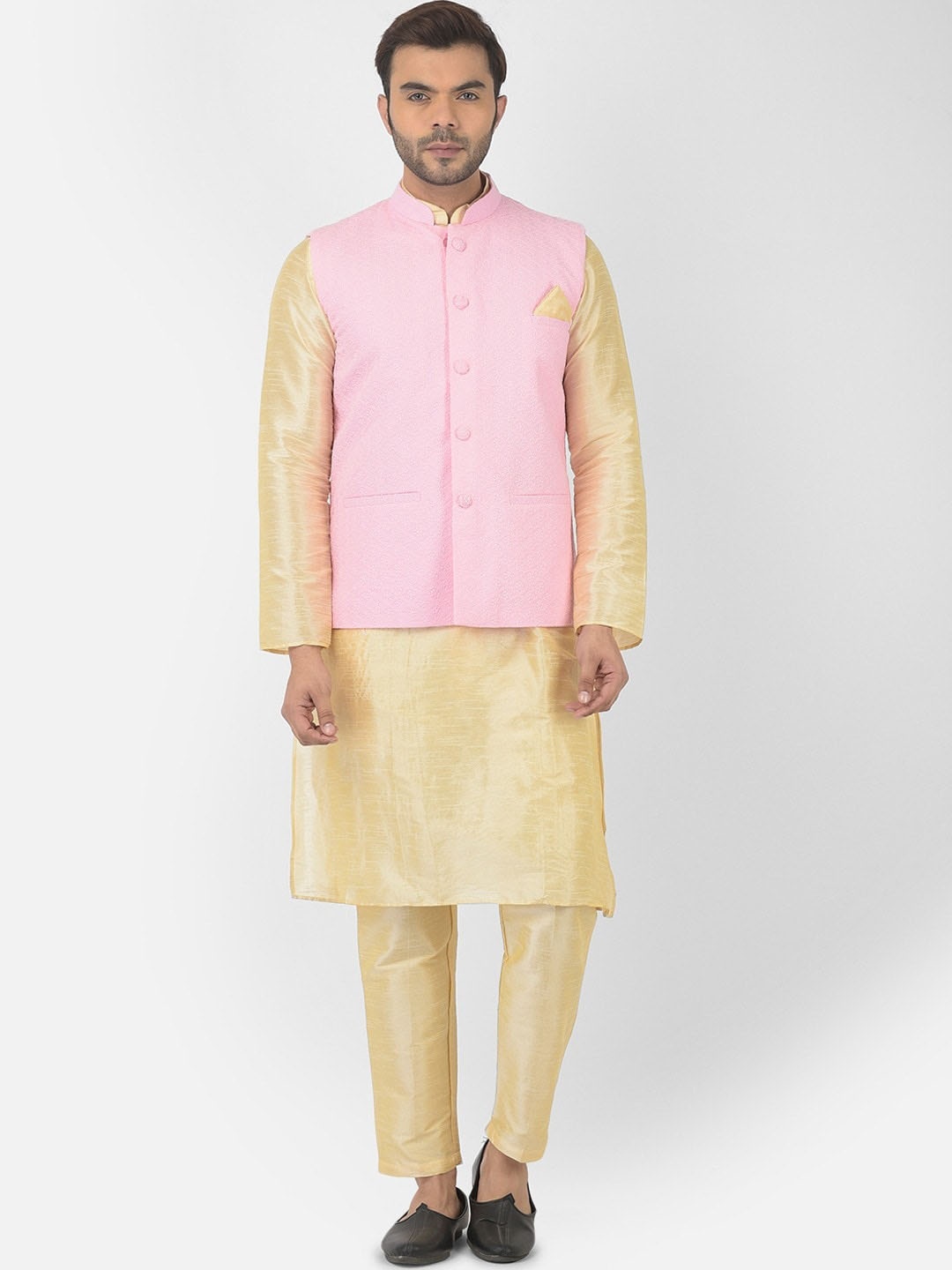 

DEYANN Mandarin Collar Kurta & Trousers with Nehru jacket, Pink