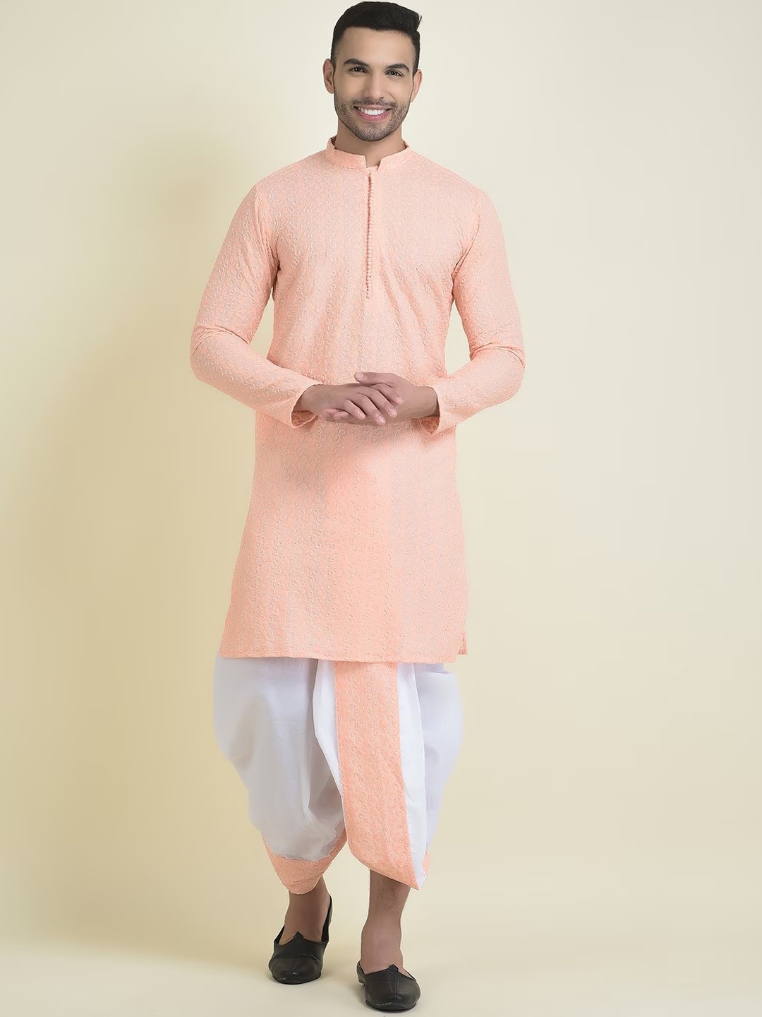 

DEYANN Men Ethnic Motifs Embroidered Pure Cotton Kurta With Dhoti Pant, Pink