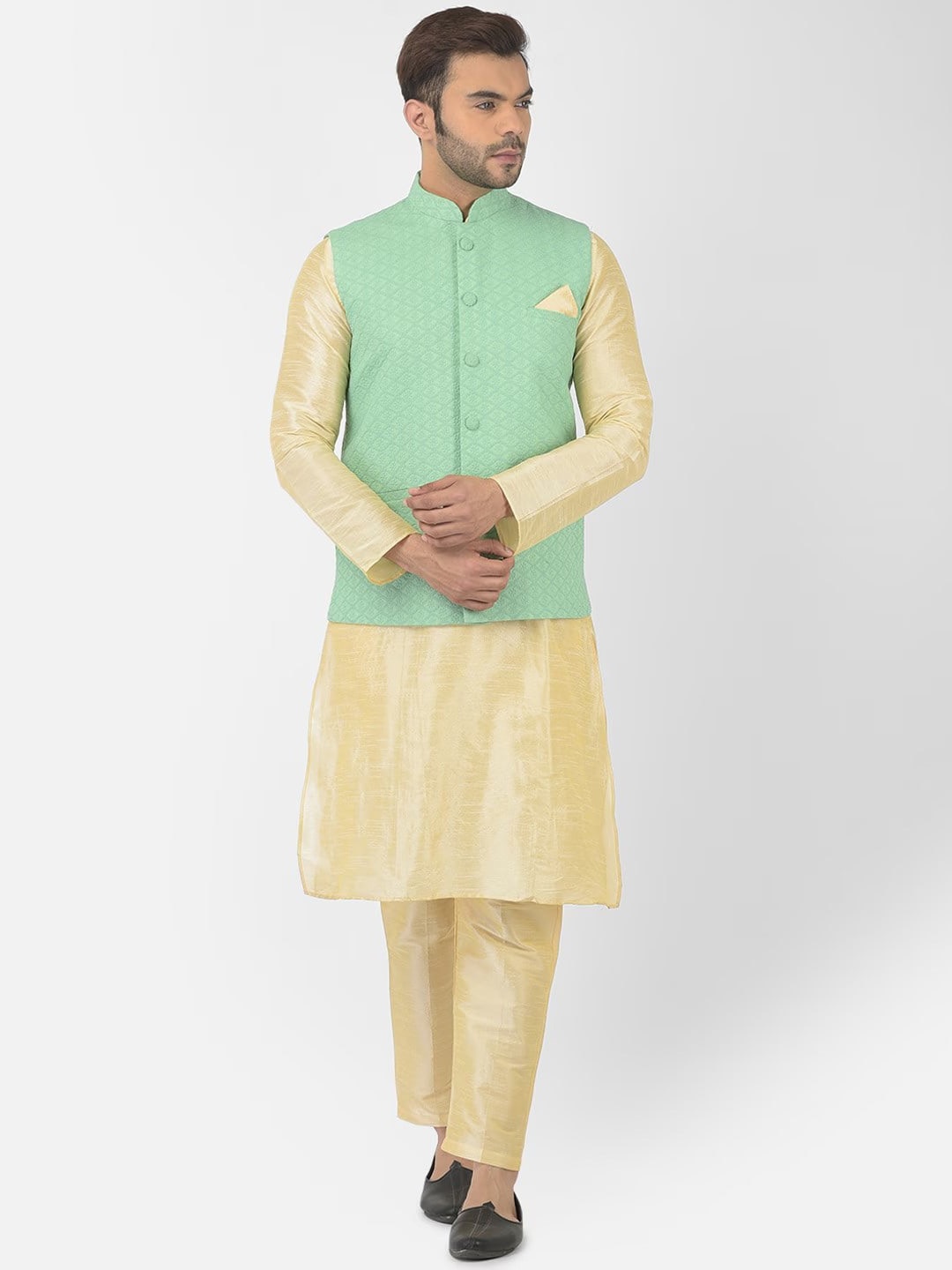 

DEYANN Men Mandarin Collar Straight Kurta with Trousers, Sea green