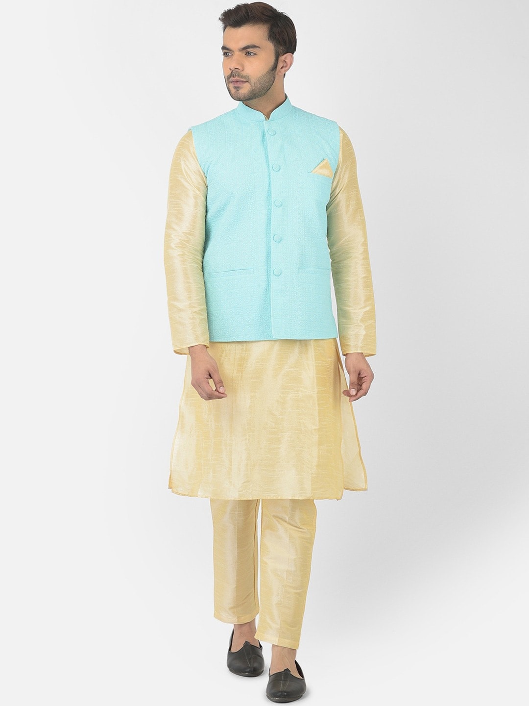 

DEYANN Mandarin Collar Kurta & Trousers with Nehru jacket, Yellow