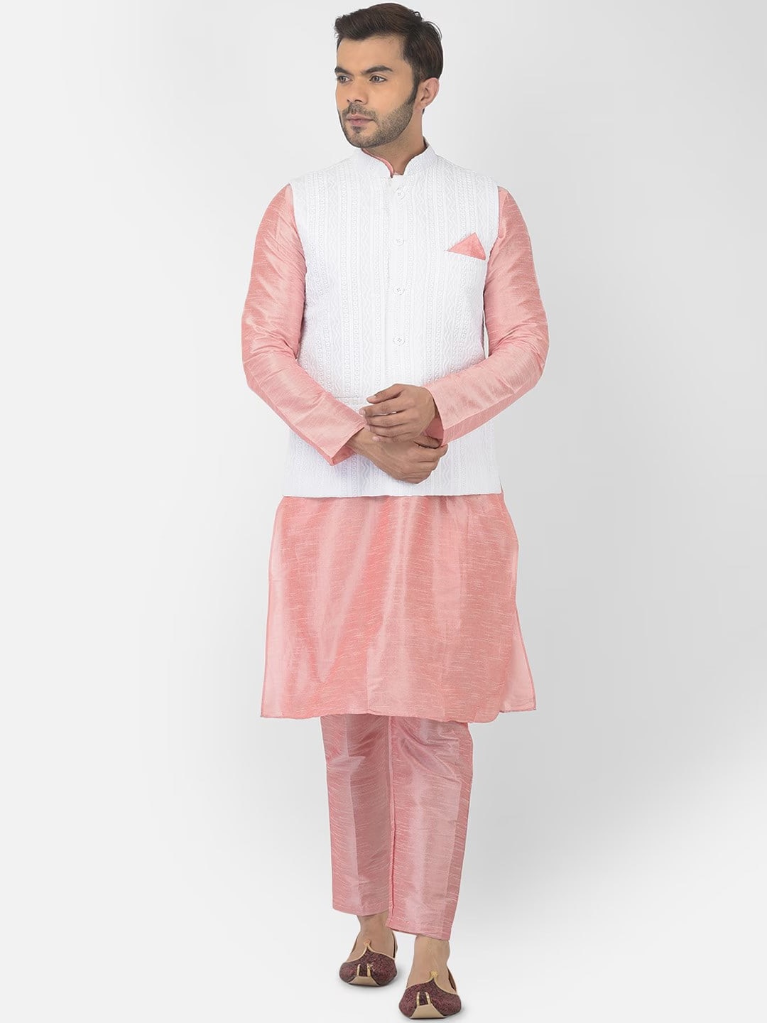 

DEYANN Mandarin Collar Kurta & Trousers with Nehru jacket, Peach