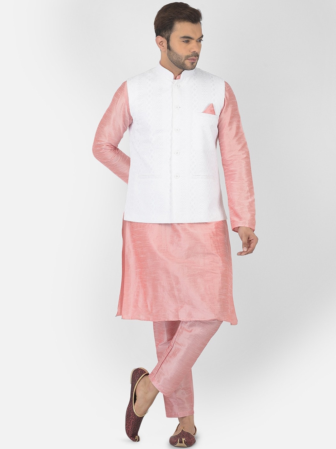 

DEYANN Mandarin Collar Straight Kurta with Trousers, Pink