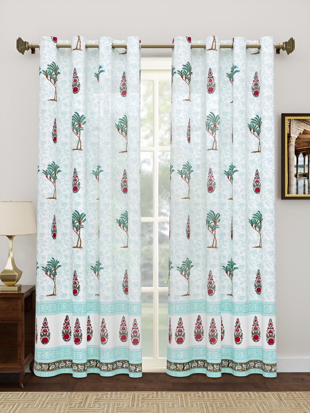 

Sangria Green & White Block Printed Cotton Sheer Door Curtains