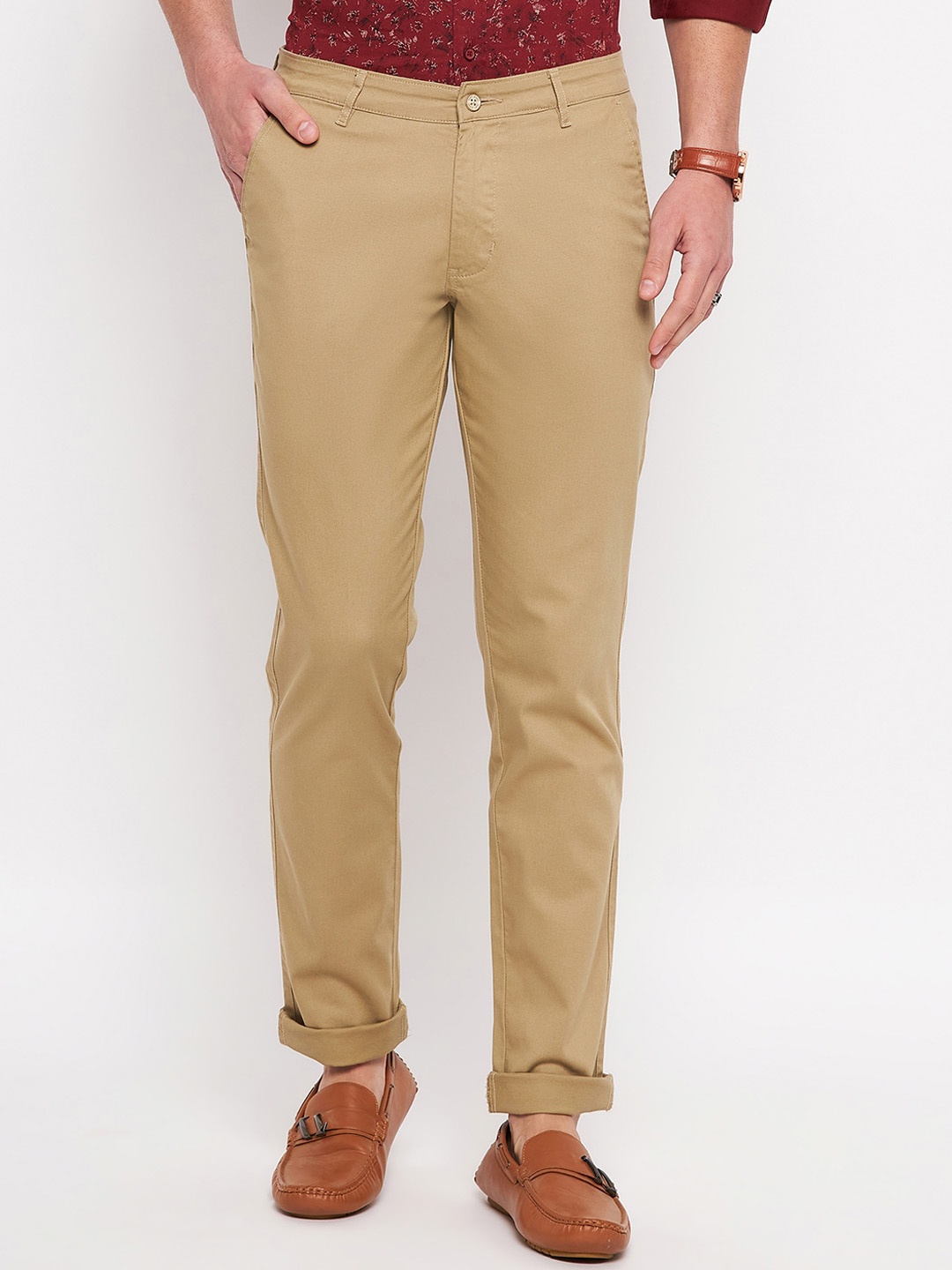 

Duke Men Cotton Mid-Rise Slim Fit Chinos Trousers, Khaki