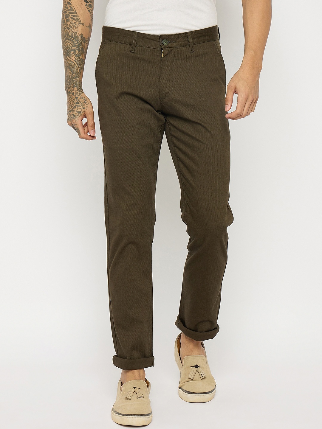 

Duke Men Cotton Mid-Rise Slim Fit Trousers, Green