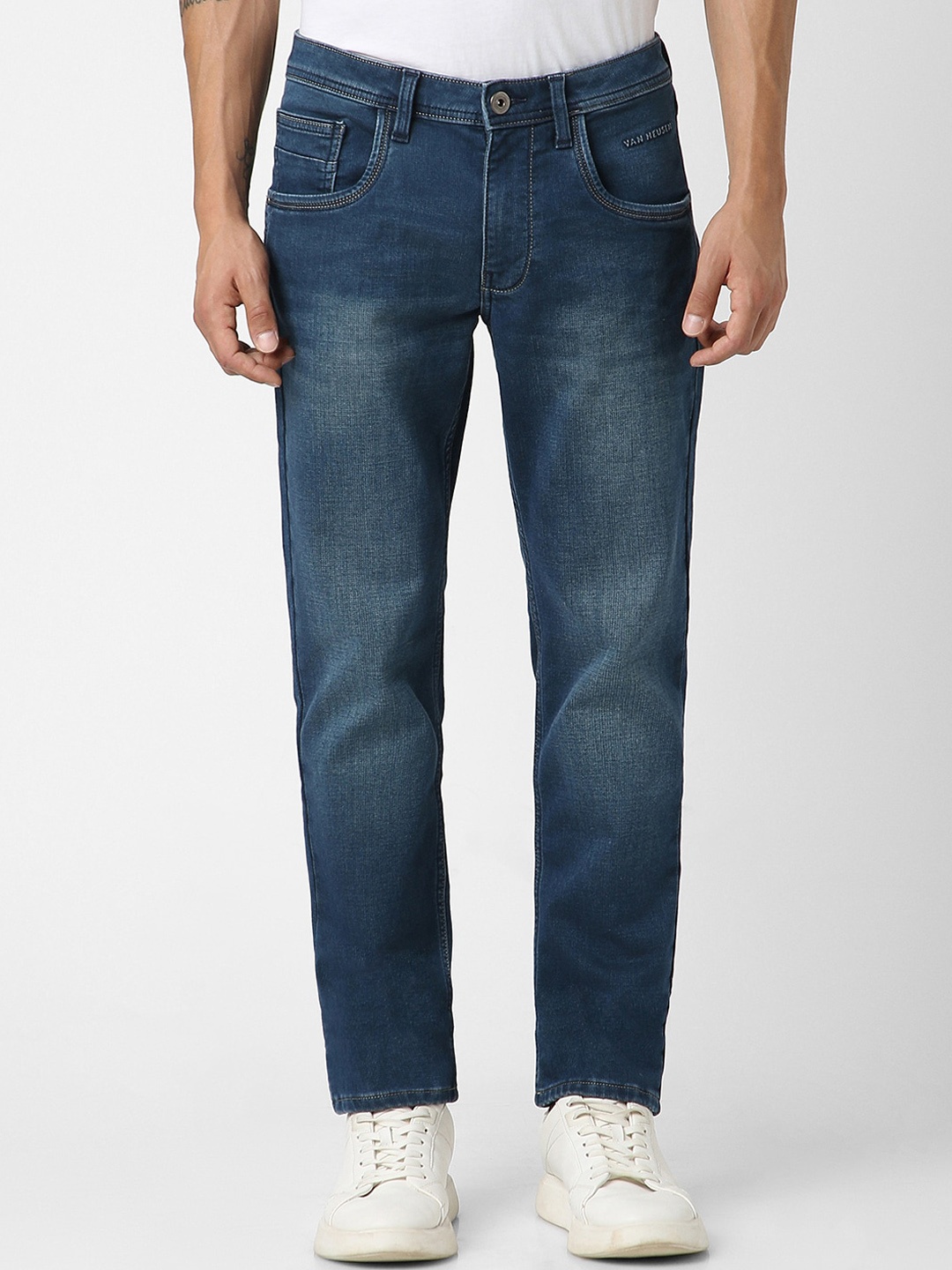 

V Dot Men Slim Fit Clean Look Heavy Cropped Stretchable Fade Jeans, Navy blue