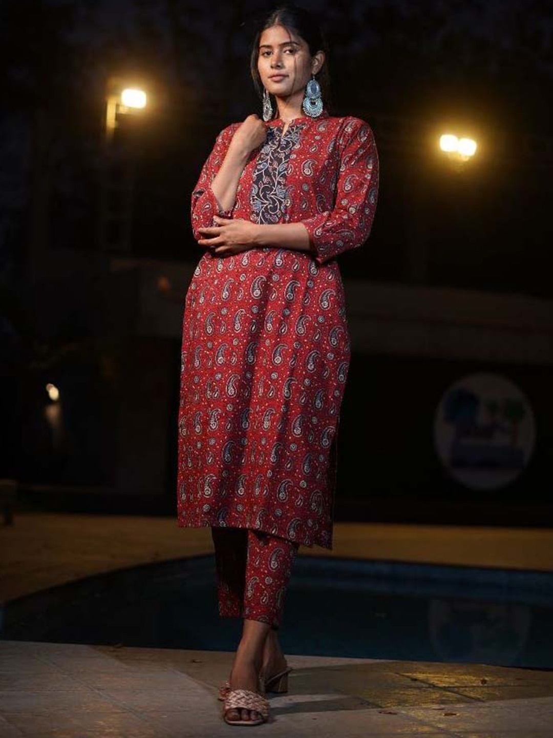 

THE VASILIKI Ajrakh Block Printed Pure Cotton Straight Kurta, Red