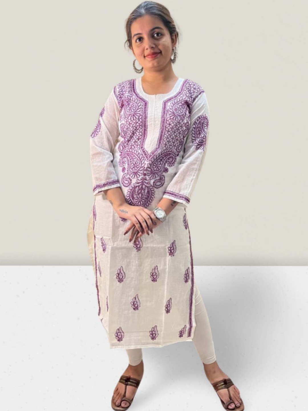 

THE VASILIKI Ethnic Motifs Embroidered Kota Cotton Chikankari Kurta, Purple