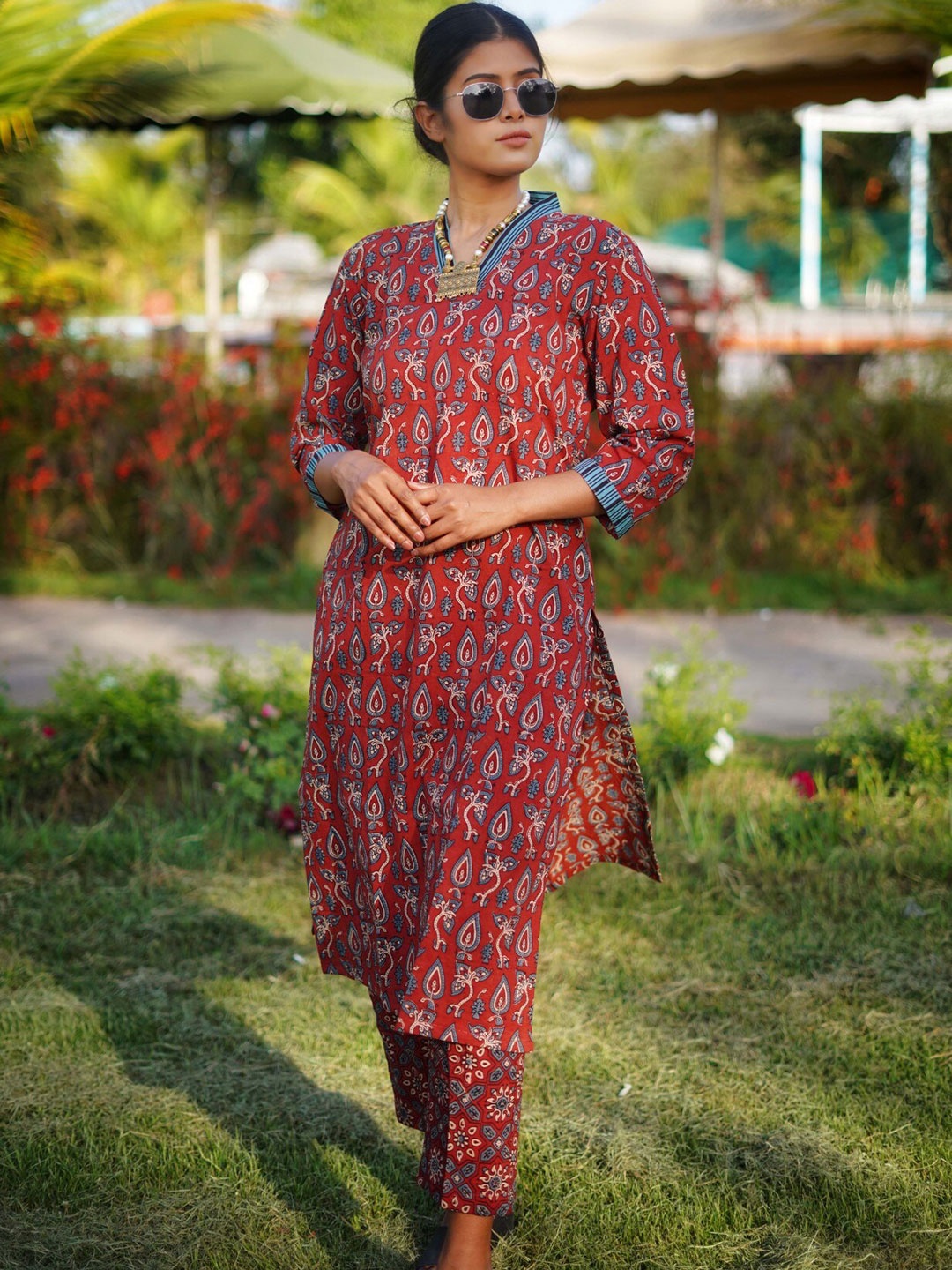 

THE VASILIKI Ajrakh Hand Block Print Kurta, Red