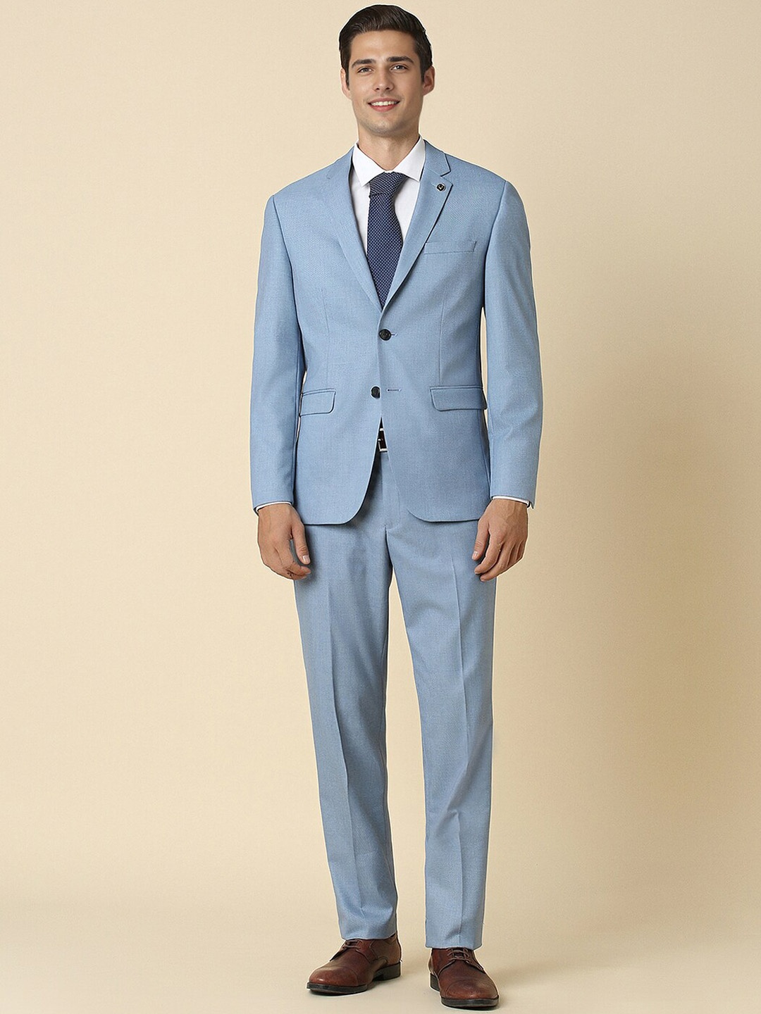

Allen Solly Men Slim Fit Textured Notched Lapel Formal Two Piece Suit, Blue