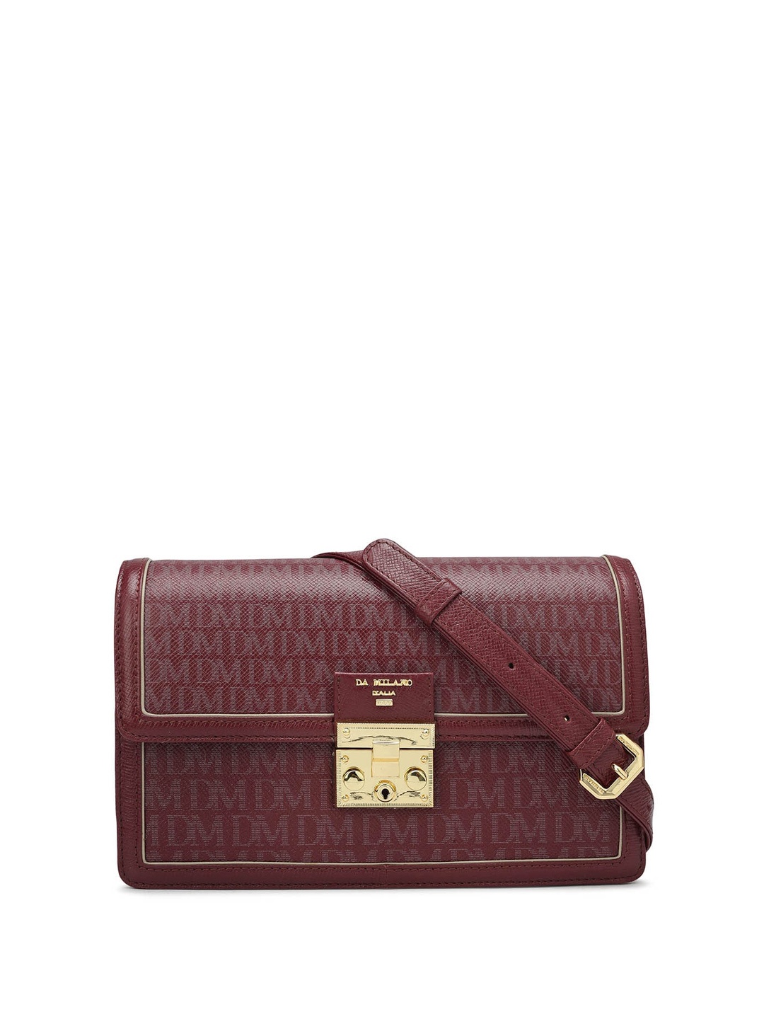 

Da Milano Brand Logo Printed Leather Structured Sling Bag, Burgundy
