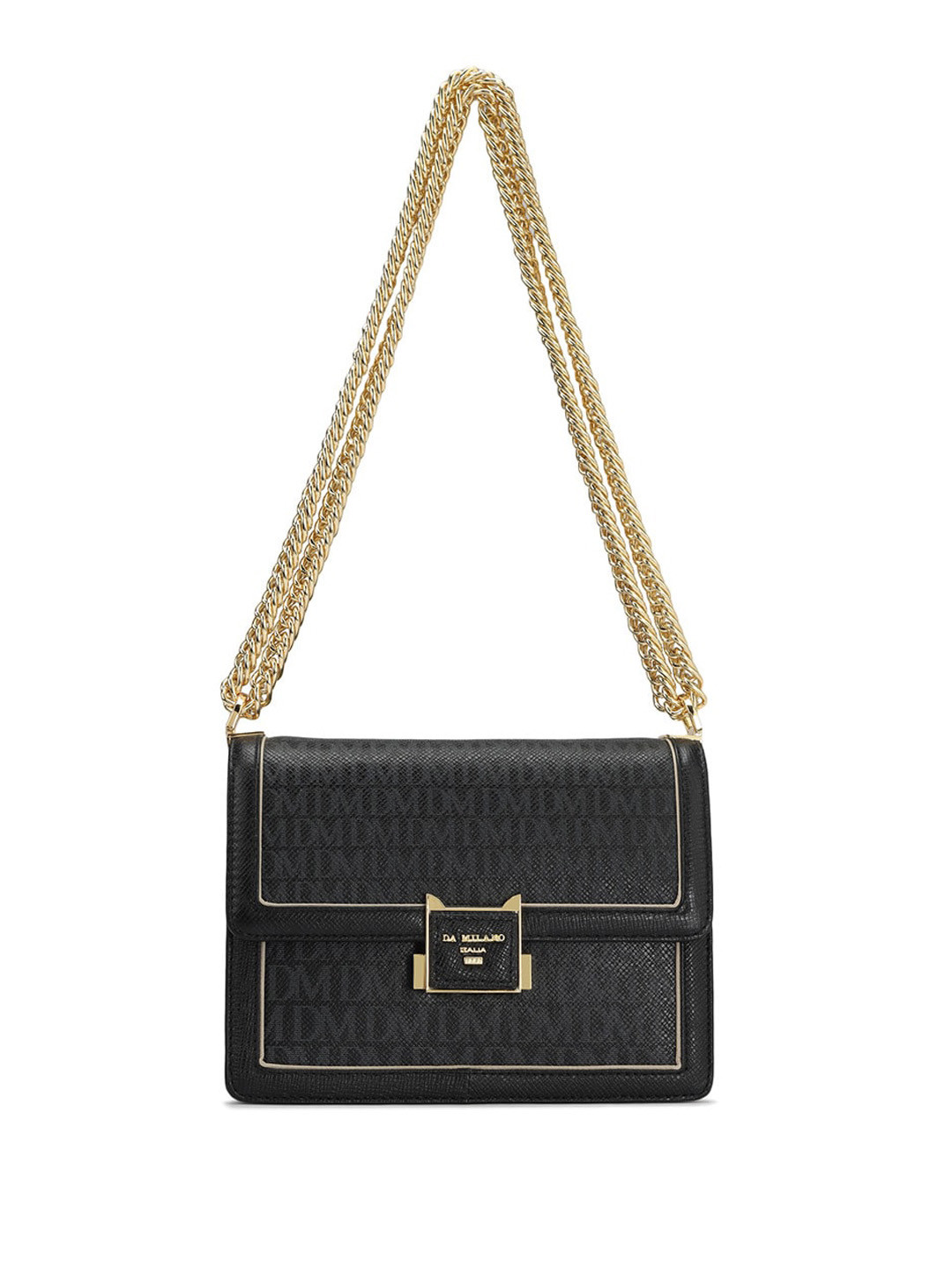 

Da Milano Brand Logo Printed Leather Structured Sling Bag, Black
