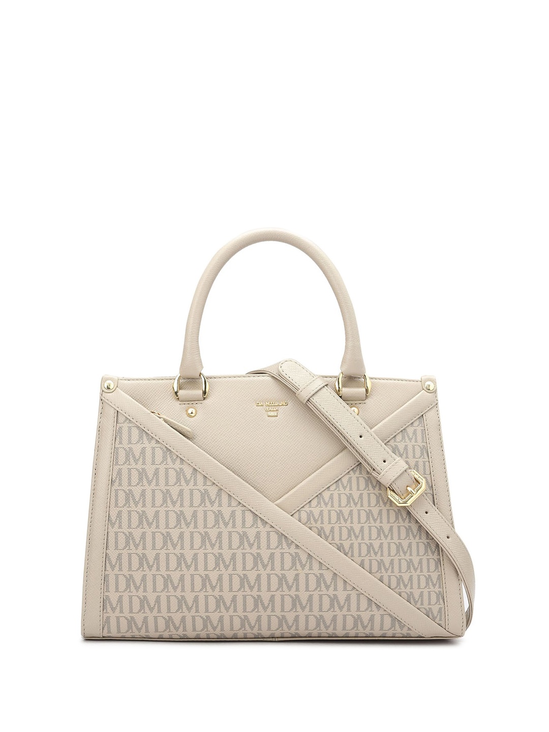 

Da Milano Brand Logo Printed Leather Structured Handheld Bag, White