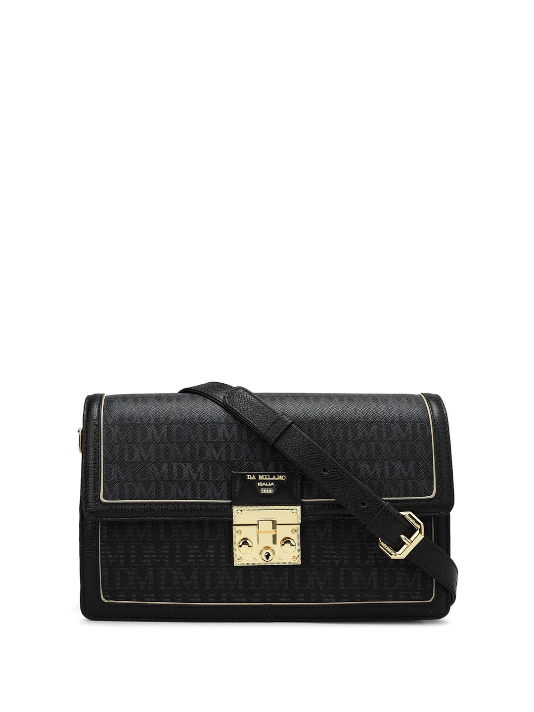 

Da Milano Brand Logo Printed Leather Structured Sling Bag, Black