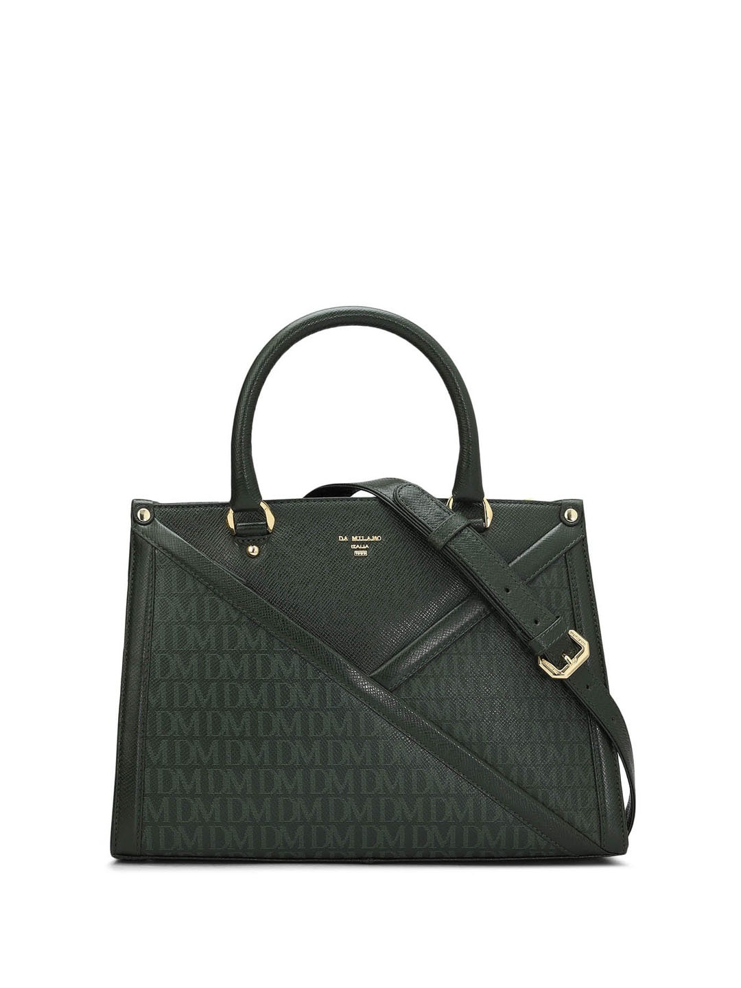 

Da Milano Brand Logo Printed Leather Structured Handheld Bag, Green