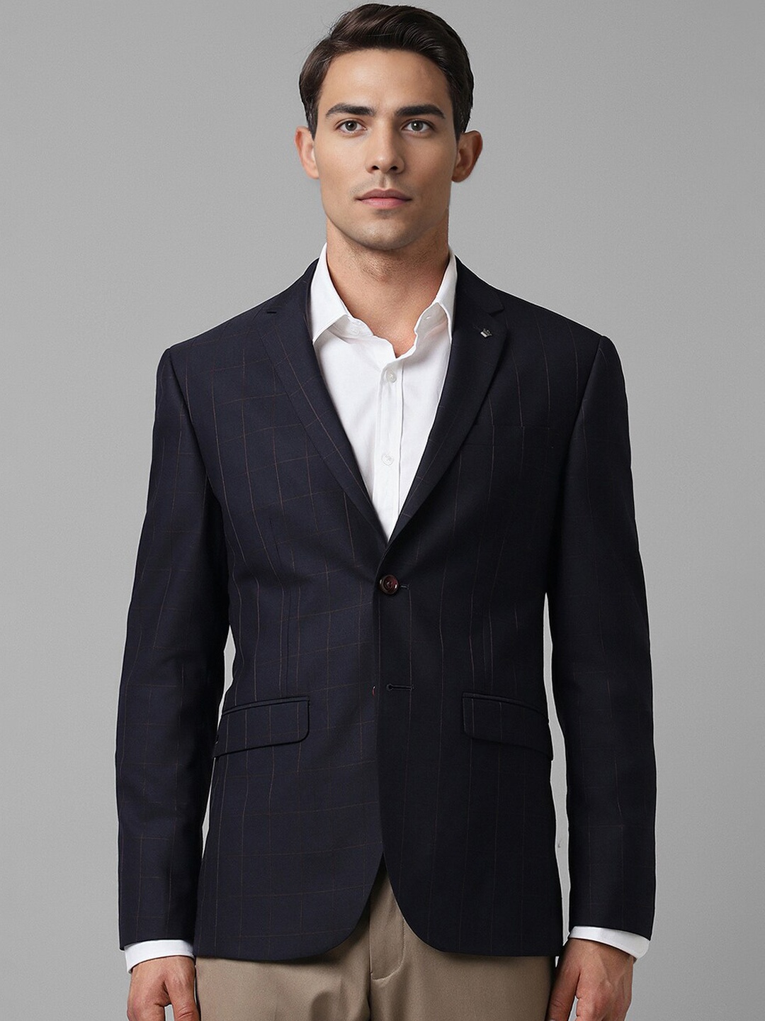 

Louis Philippe Men Checked Slim-Fit Formal Blazer, Navy blue