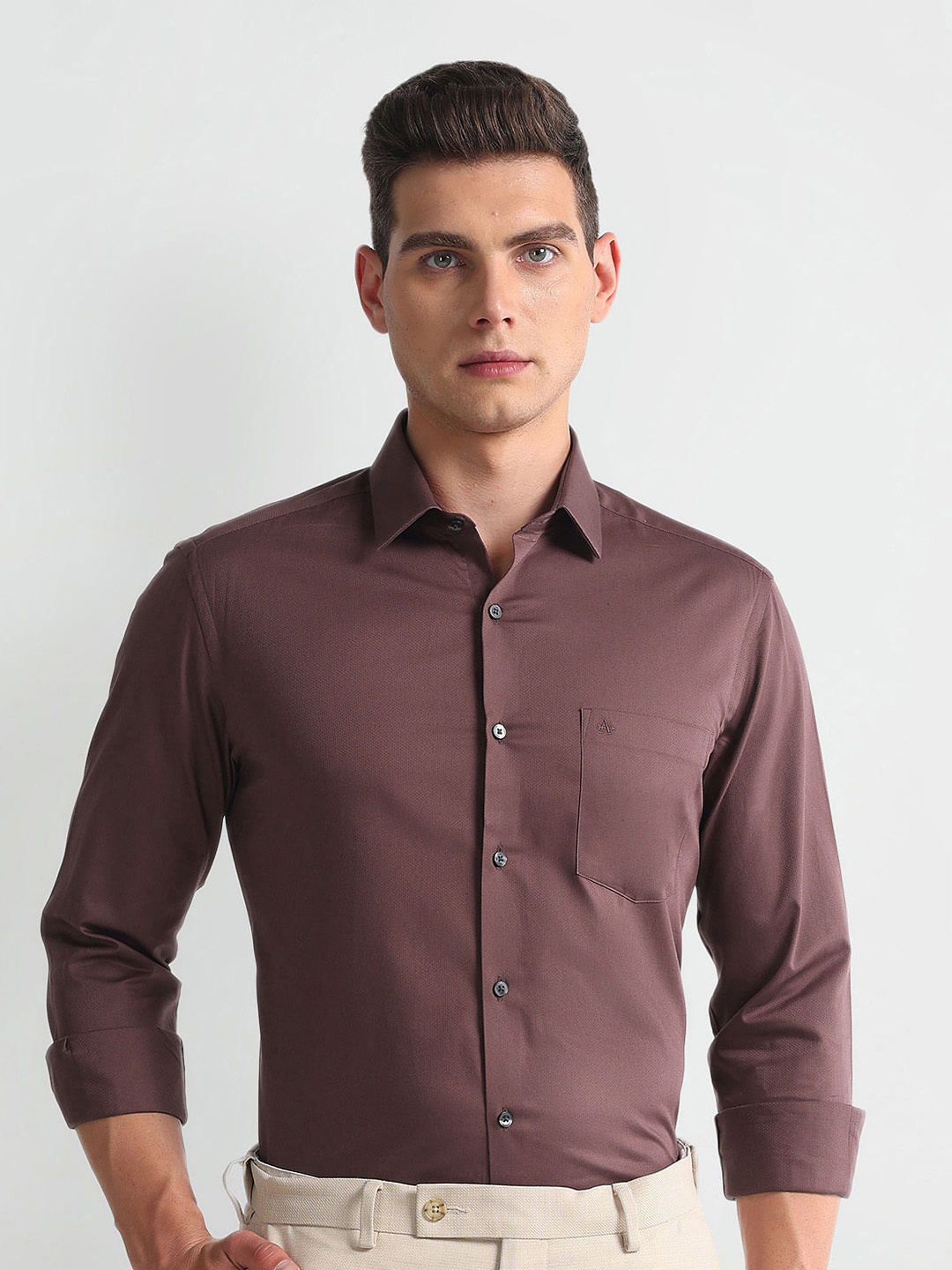 

Arrow Slim Fit Dobby Textured Formal Pure Cotton Shirt, Brown