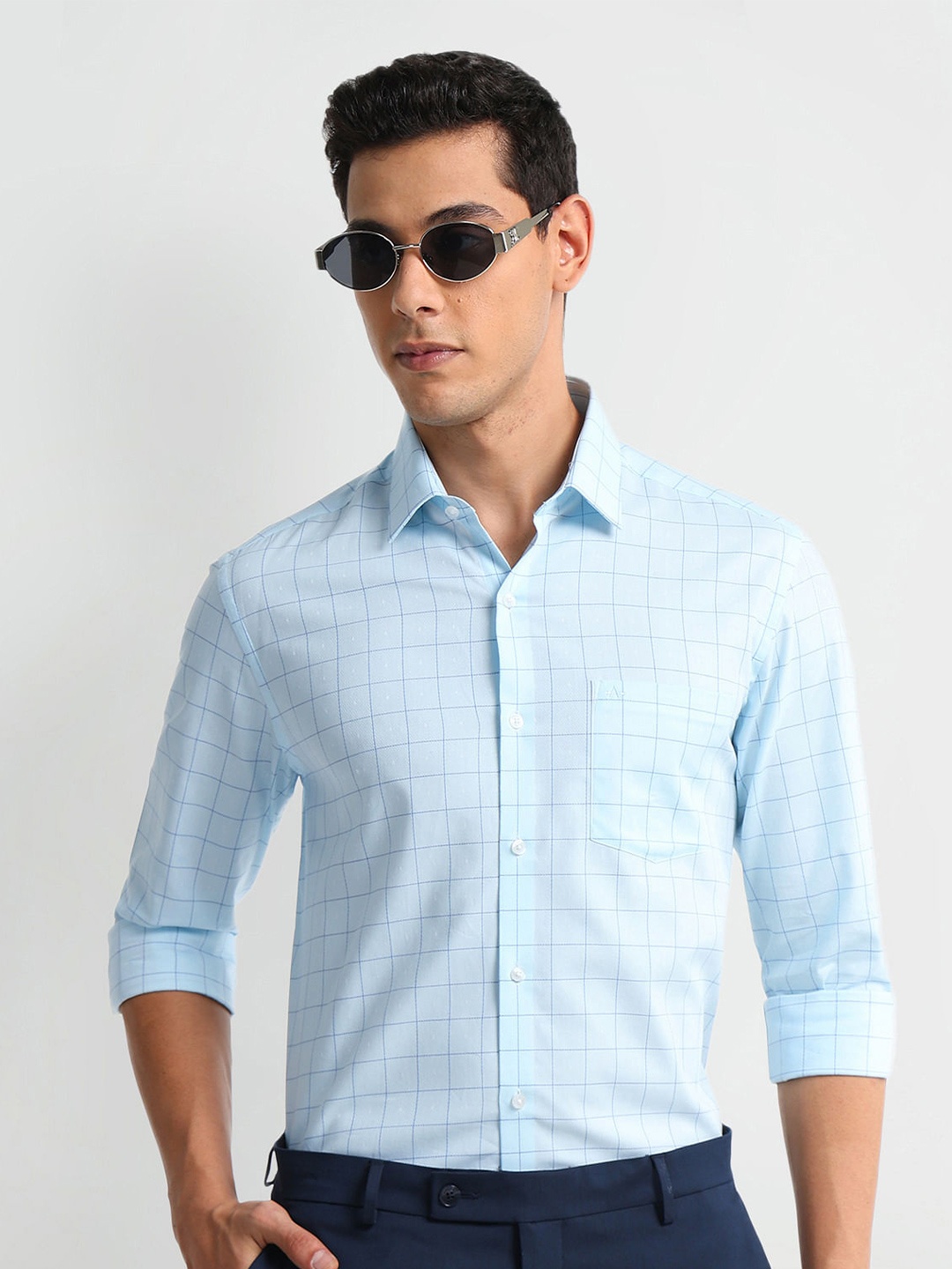 

Arrow Slim Fit Dobby Checked Formal Pure Cotton Shirt, Blue