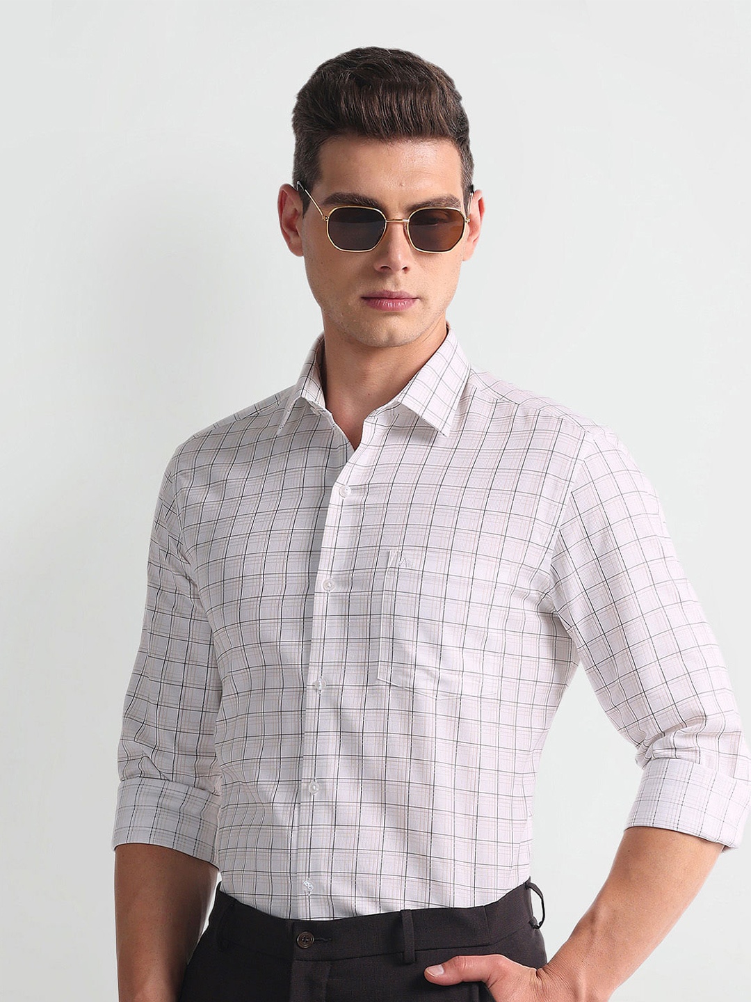 

Arrow Slim Fit Checked Spread Collar Long Sleeves Cotton Formal Shirt, Beige