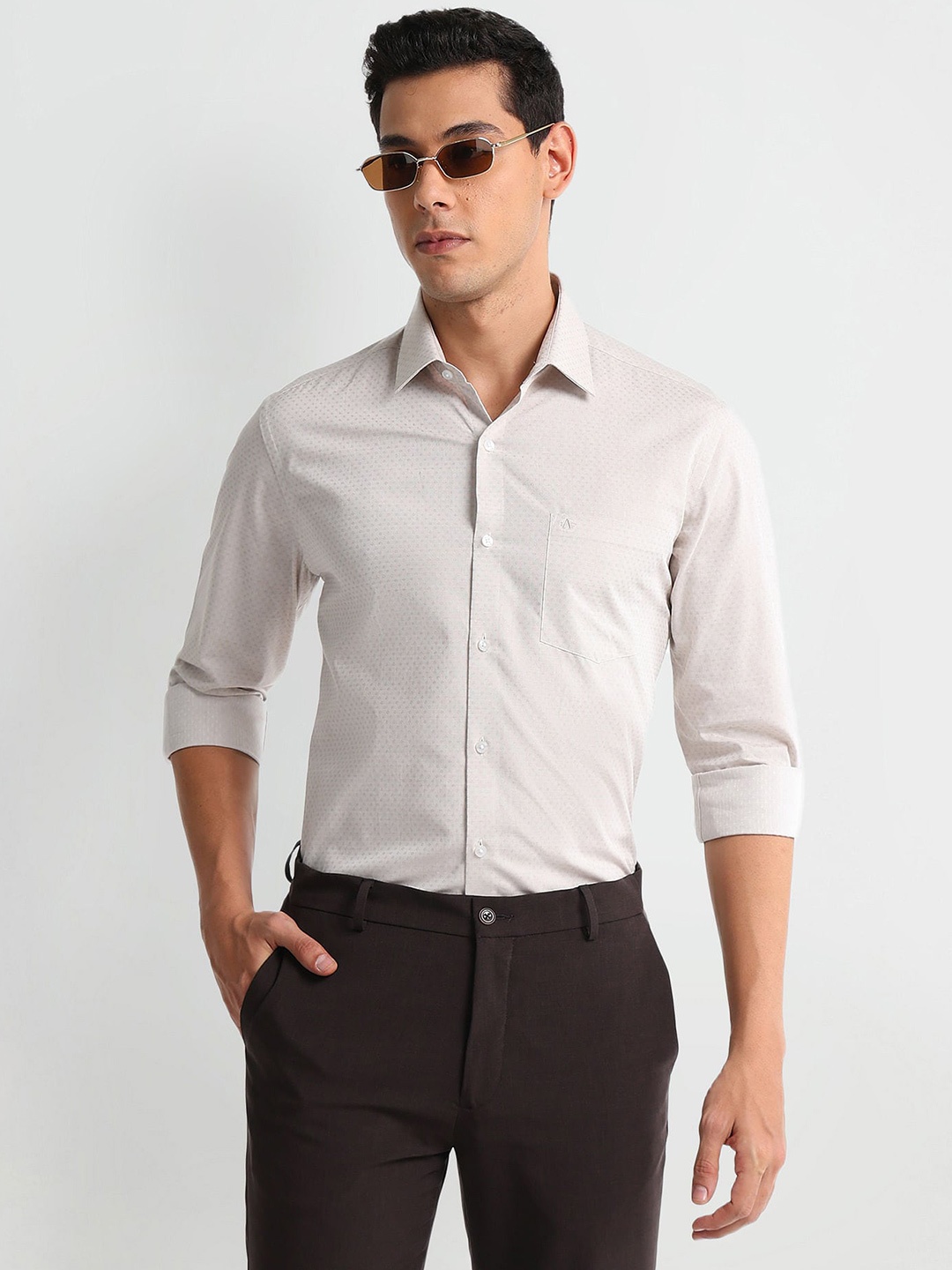 

Arrow Slim Fit Self Design Dobby Formal Pure Cotton Shirt, Beige