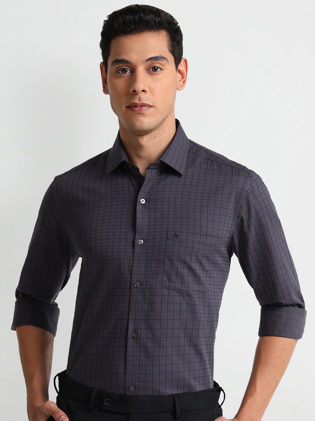 

Arrow Slim Fit Checked Twill Formal Pure Cotton Shirt, Grey