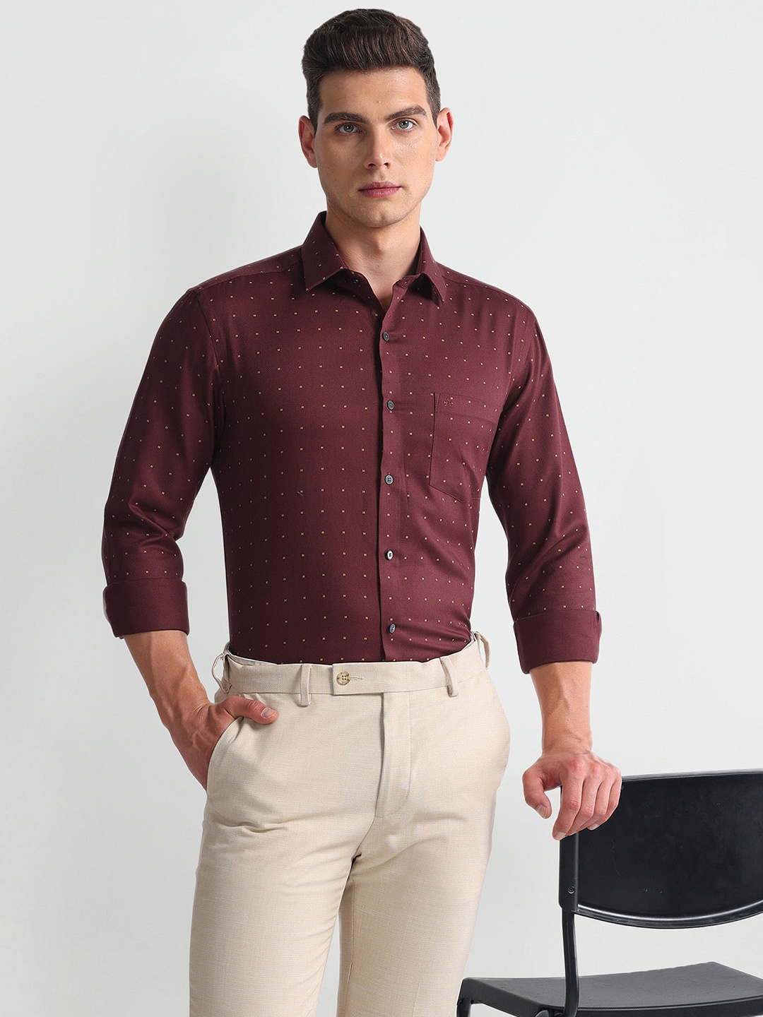 

Arrow Slim Fit Micro Ditsy Printed Formal Pure Cotton Shirt, Maroon