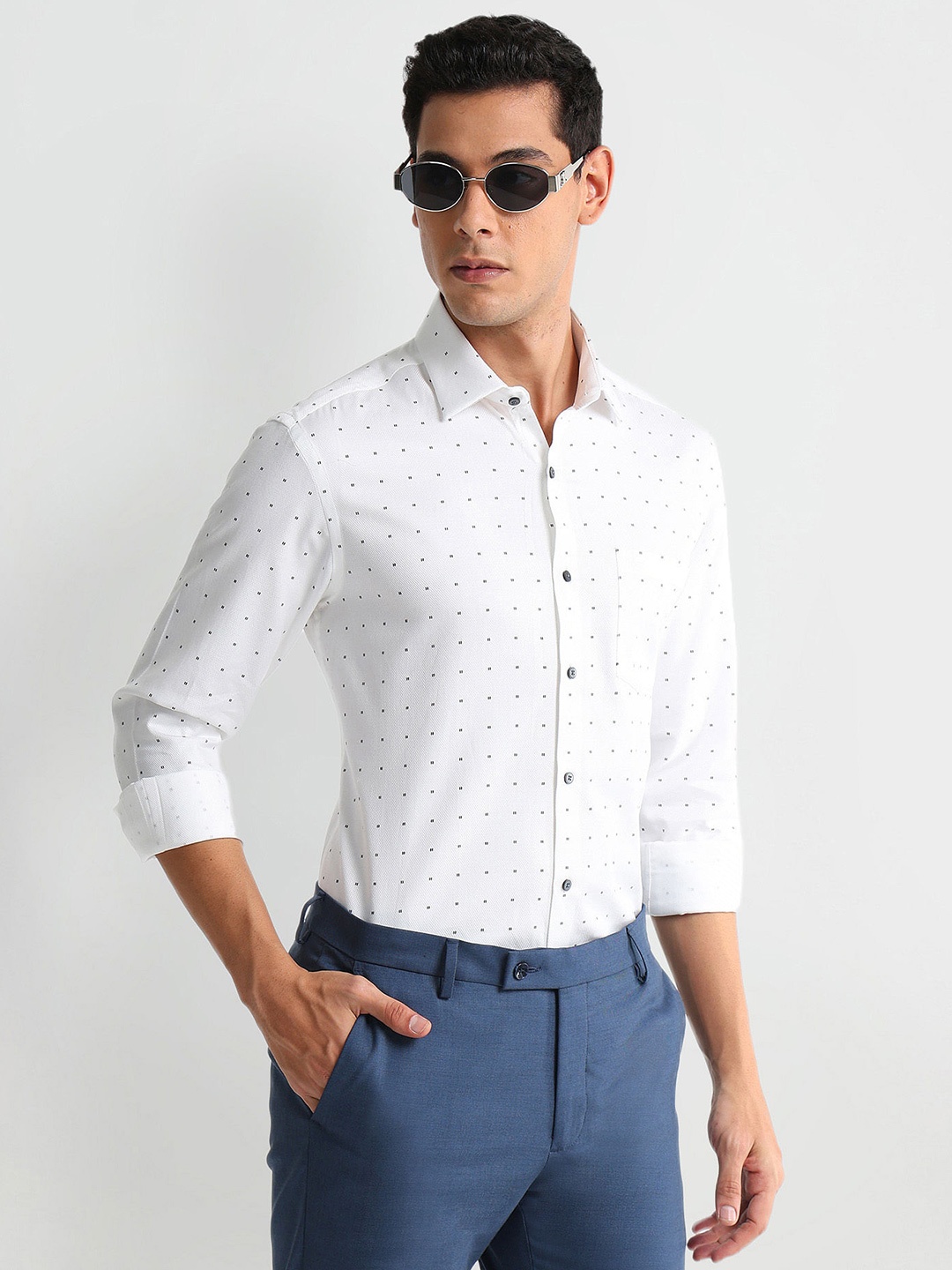 

Arrow Slim Fit Geometric Printed Spread Collar Cotton Formal Shirt, White