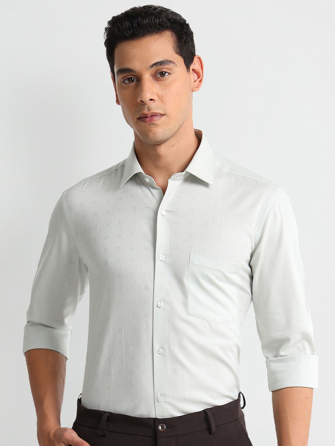 

Arrow Slim Fit Checked Self Design Spread Collar Long Sleeves Cotton Formal Shirt, Green