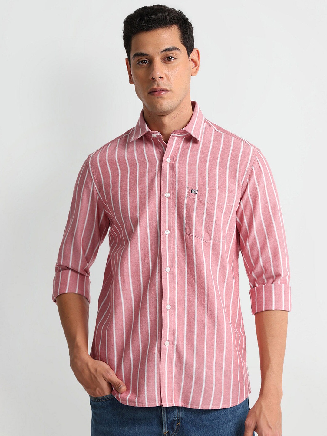

Arrow Sport Striped Spread Collar Cotton Curved Slim Fit Casual Shirt, Red