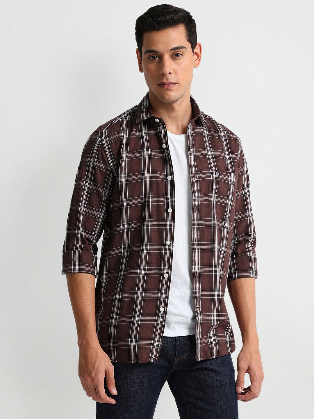 

Arrow Sport Checked Spread Collar Cotton Curved Slim Fit Casual Shirt, Brown