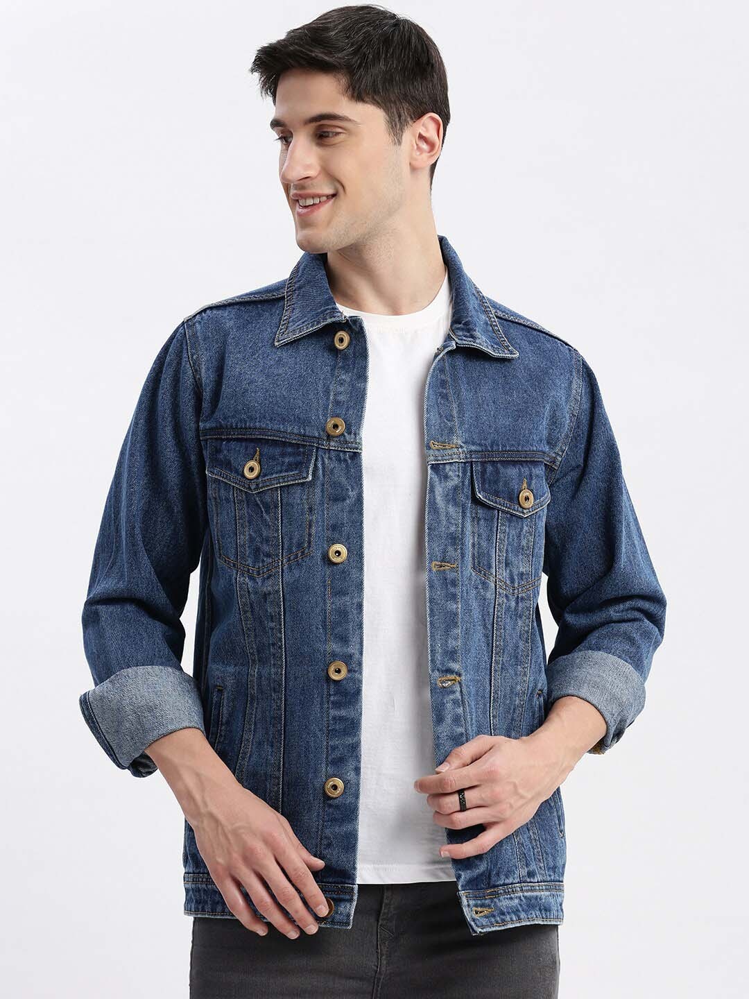 

SHOWOFF Washed Spread Collar Long Sleeves Windcheater Rapid-Dry Denim Jacket, Blue