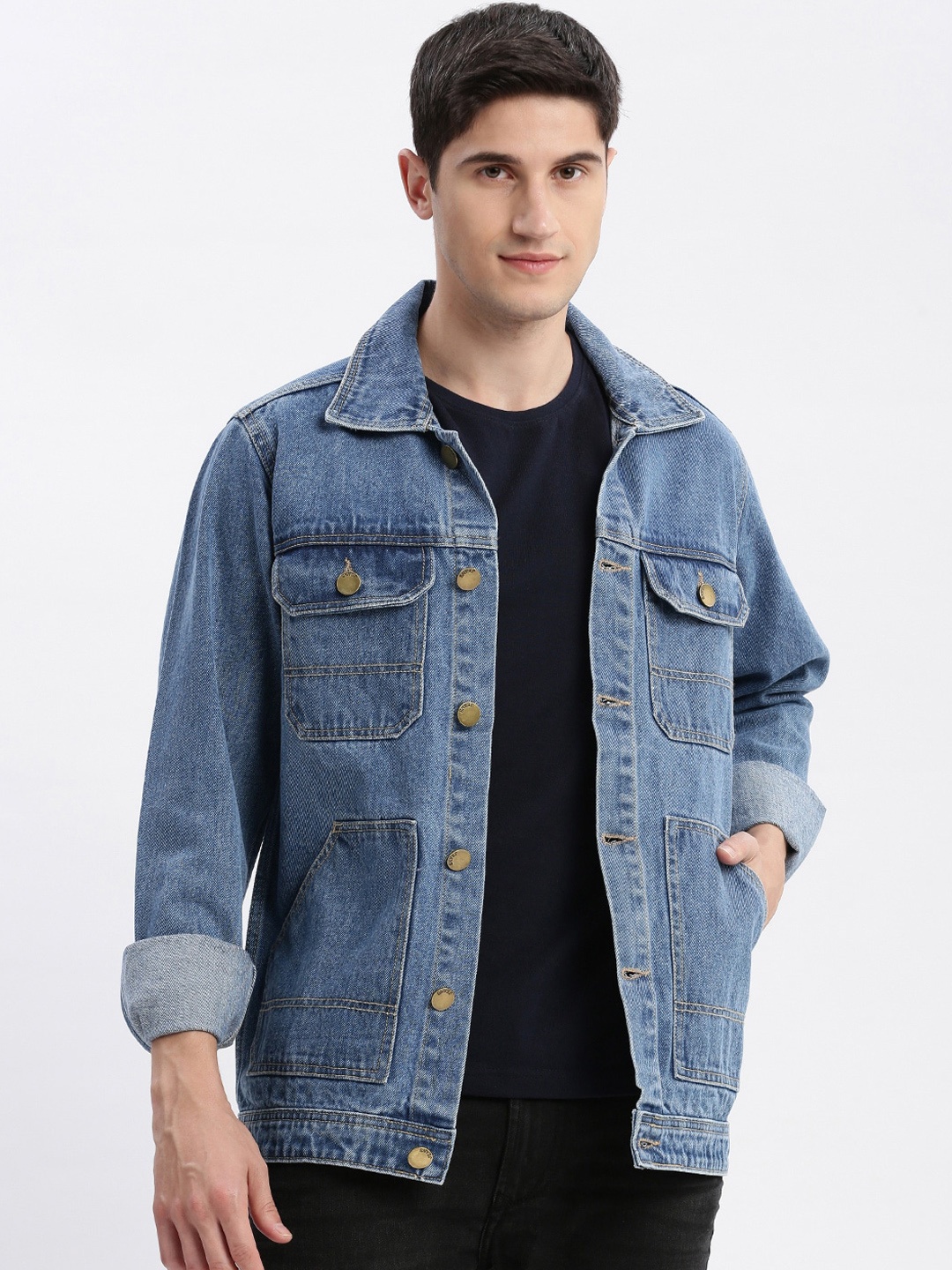 

SHOWOFF Washed Spread Collar Rapid-Dry Windcheater Denim Jacket, Blue