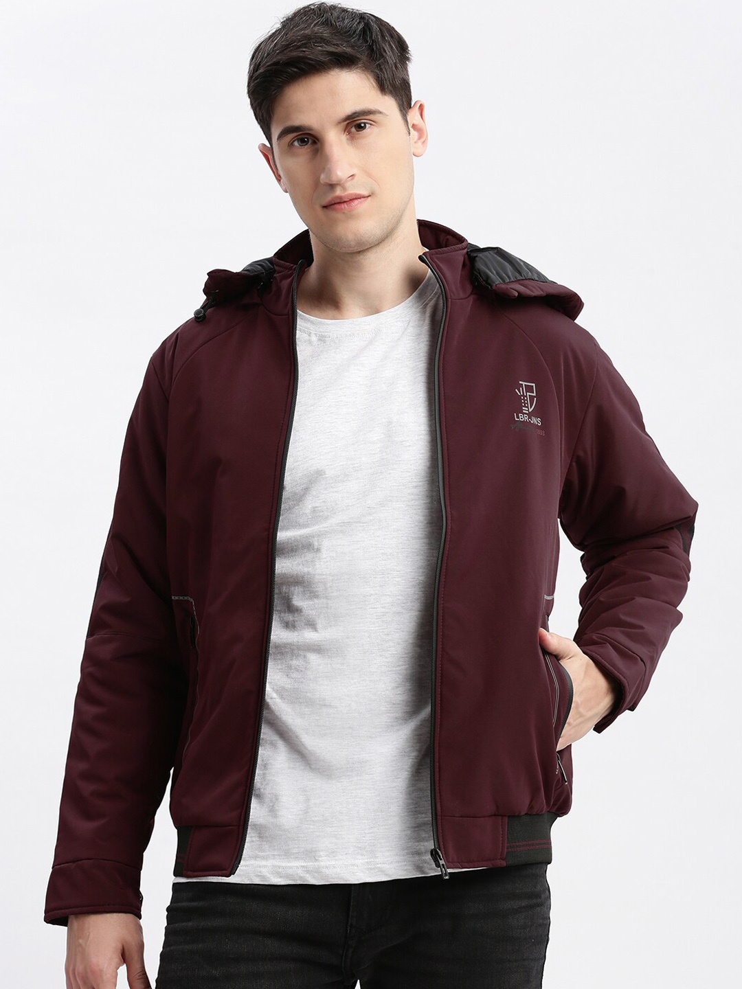 

SHOWOFF Detachable Hood Windcheater Bomber Jacket, Burgundy