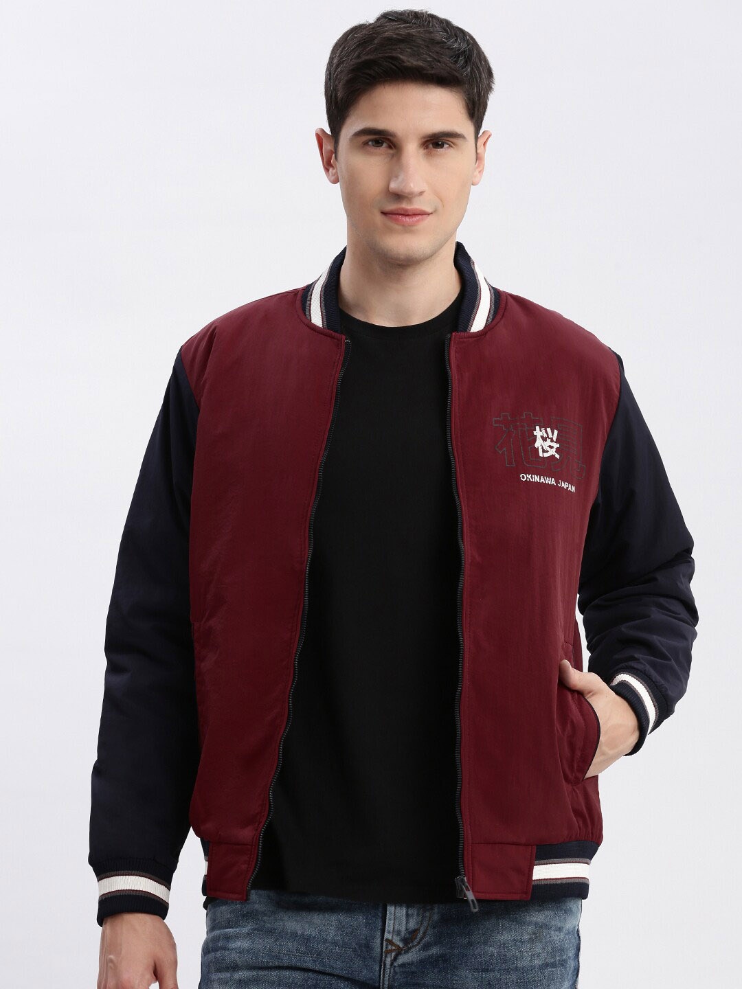 

SHOWOFF Colourblocked Mandarin Collar Rapid-Dry Windcheater Bomber Jacket, Maroon