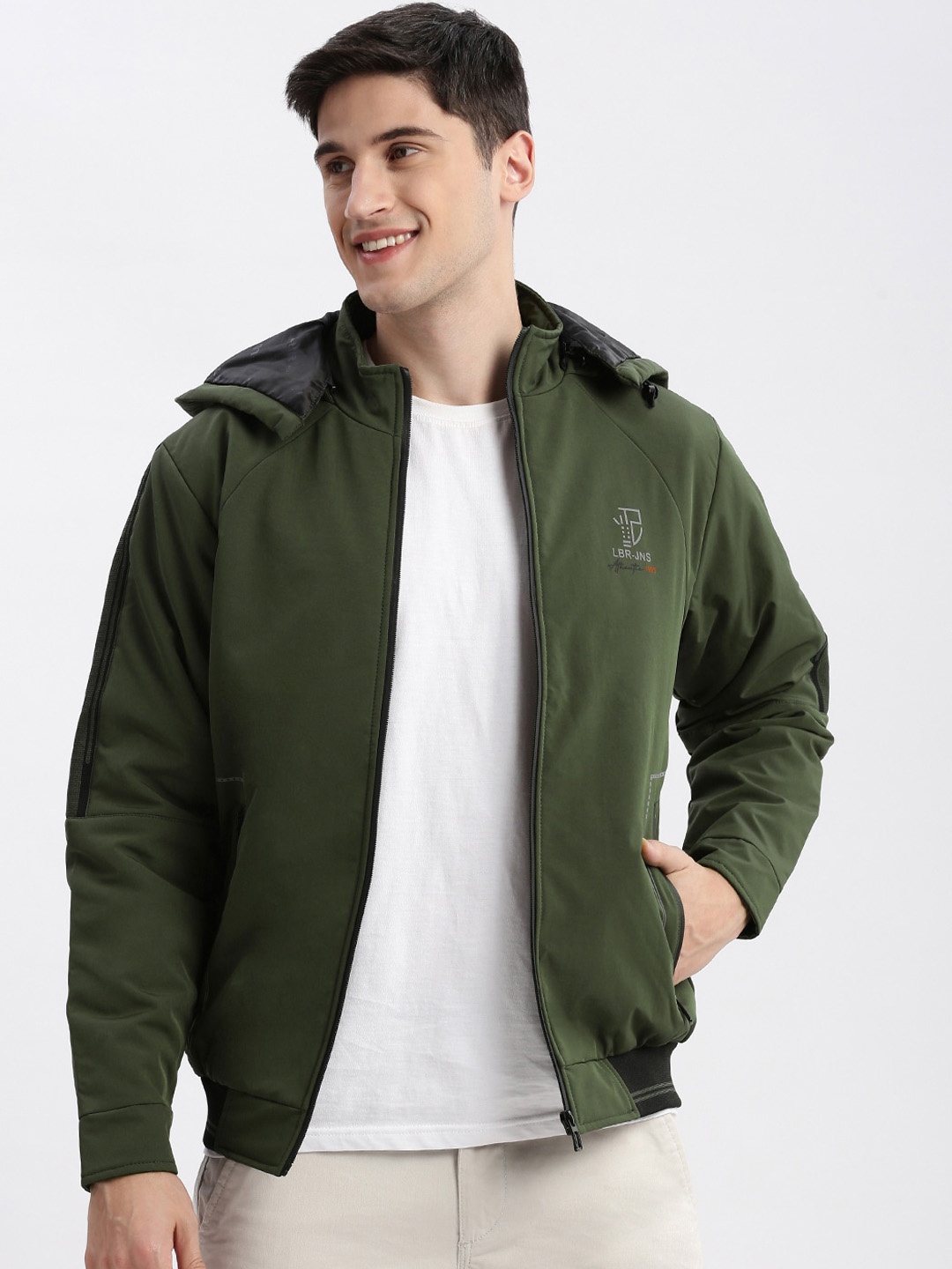 

SHOWOFF Mock Collar Rapid-Dry Technology Windcheater Bomber Jacket With Detachable Hoodie, Olive