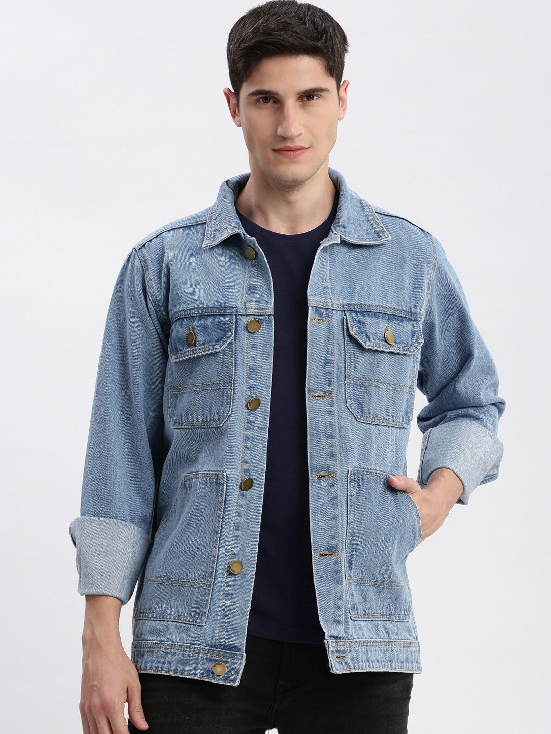 

SHOWOFF Washed Spread Collar Windcheater Rapid-Dry Denim Jacket, Blue