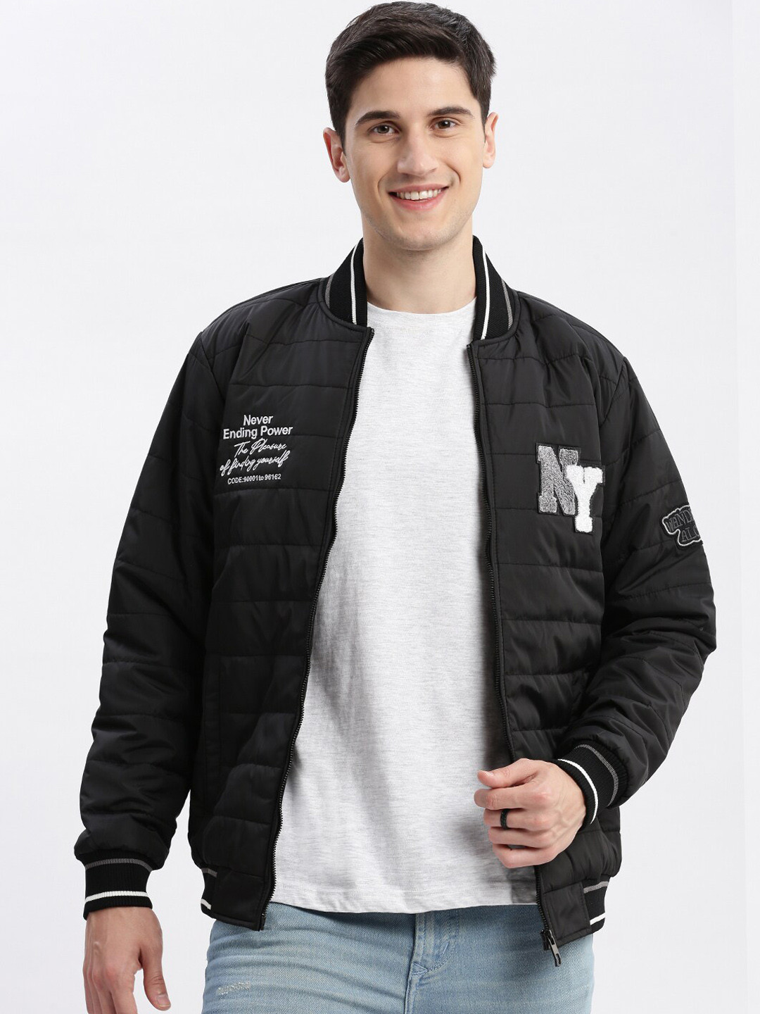 

SHOWOFF Typography Printed Mandarin Collar Windcheater Rapid-Dry Slim fit Padded Jacket, Black