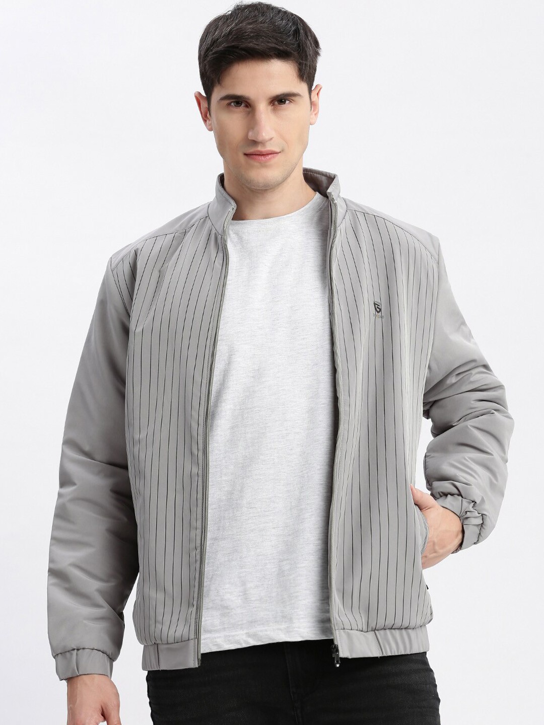 

SHOWOFF Striped Mock Collar Rapid-Dry Windcheater Bomber Jacket, Grey