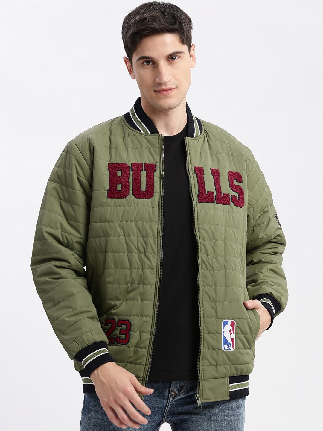

SHOWOFF Typography Printed Stand Collar Windcheater Rapid Dry Puffer Jacket, Olive