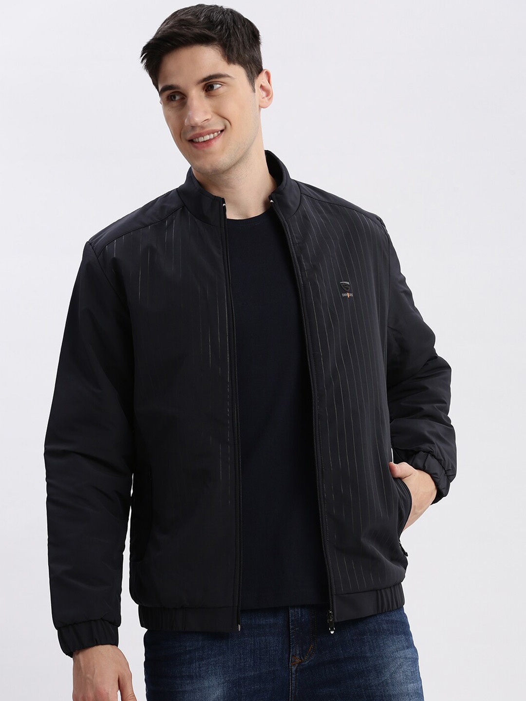 

SHOWOFF Rapid-Dry Striped Stand Collar Windcheater Bomber Jacket, Navy blue