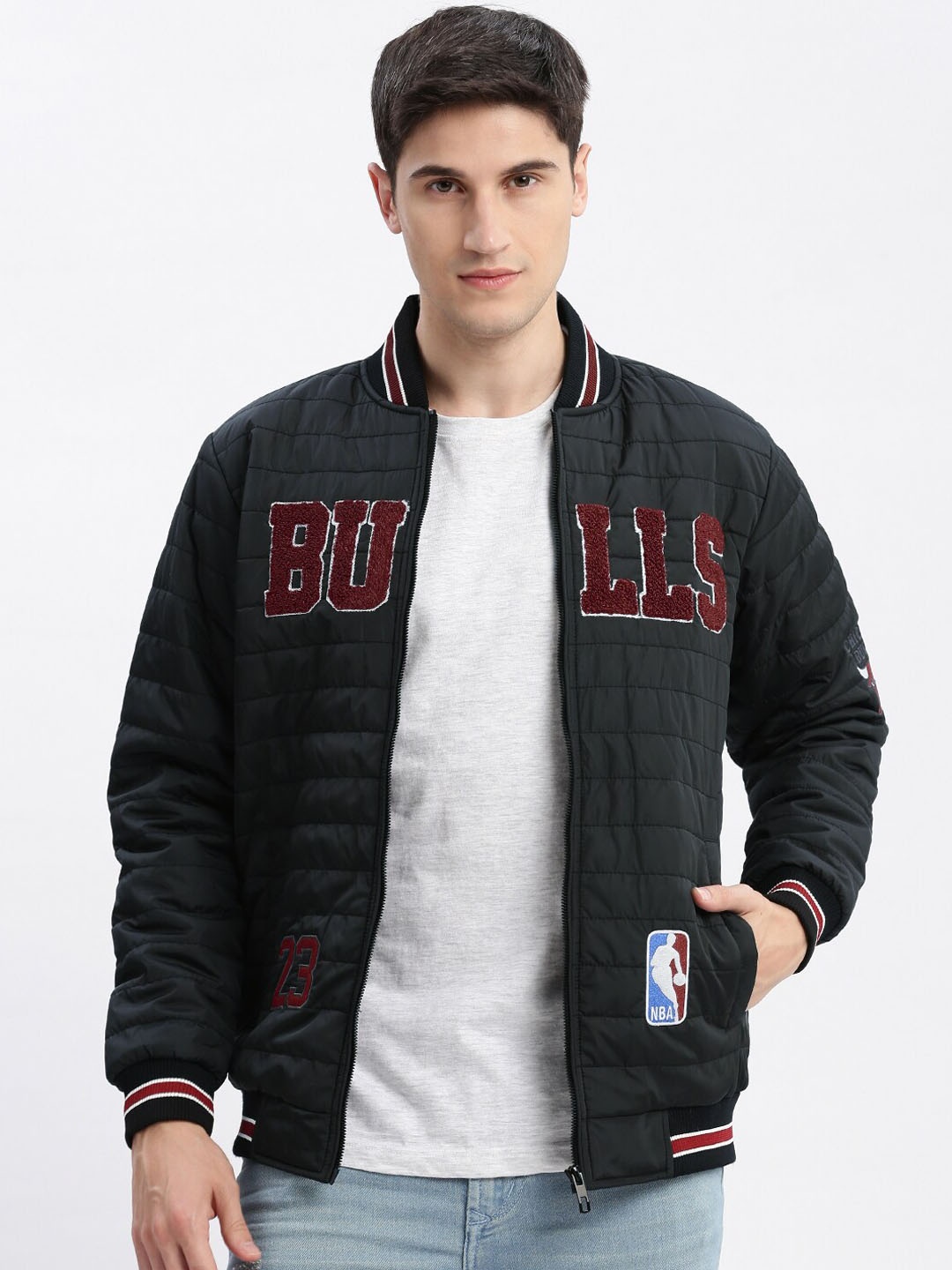 

SHOWOFF Typography Embroidered Windcheater Bomber Jacket, Black