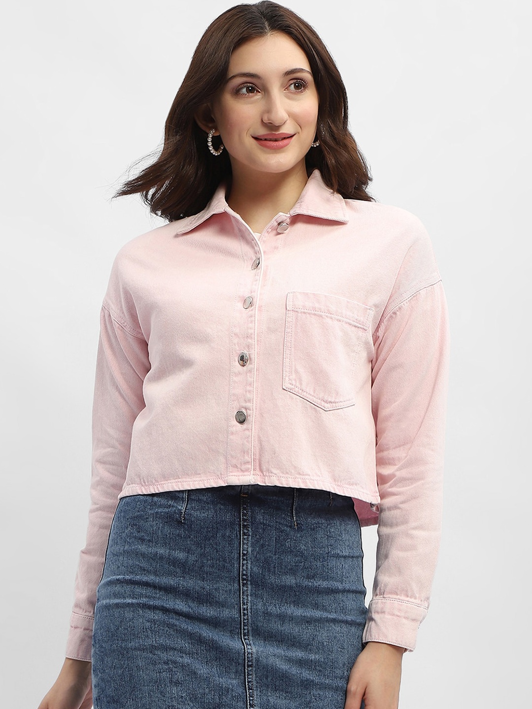 

Madame Spread Collar Cotton Crop Denim Jacket, Pink