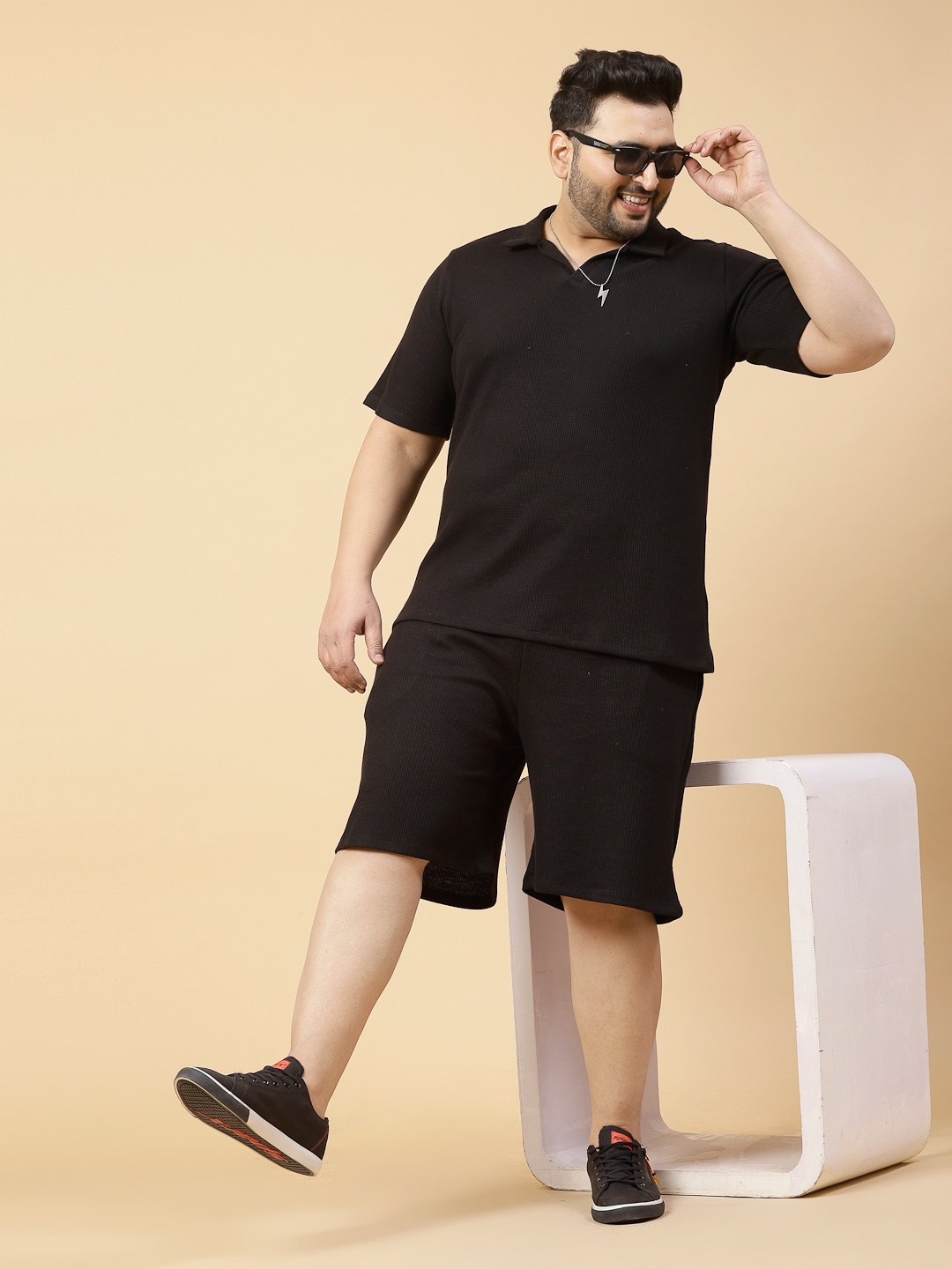 Rigo Plus Size Waffle T Shirt With Shorts Co Ord Set, Black