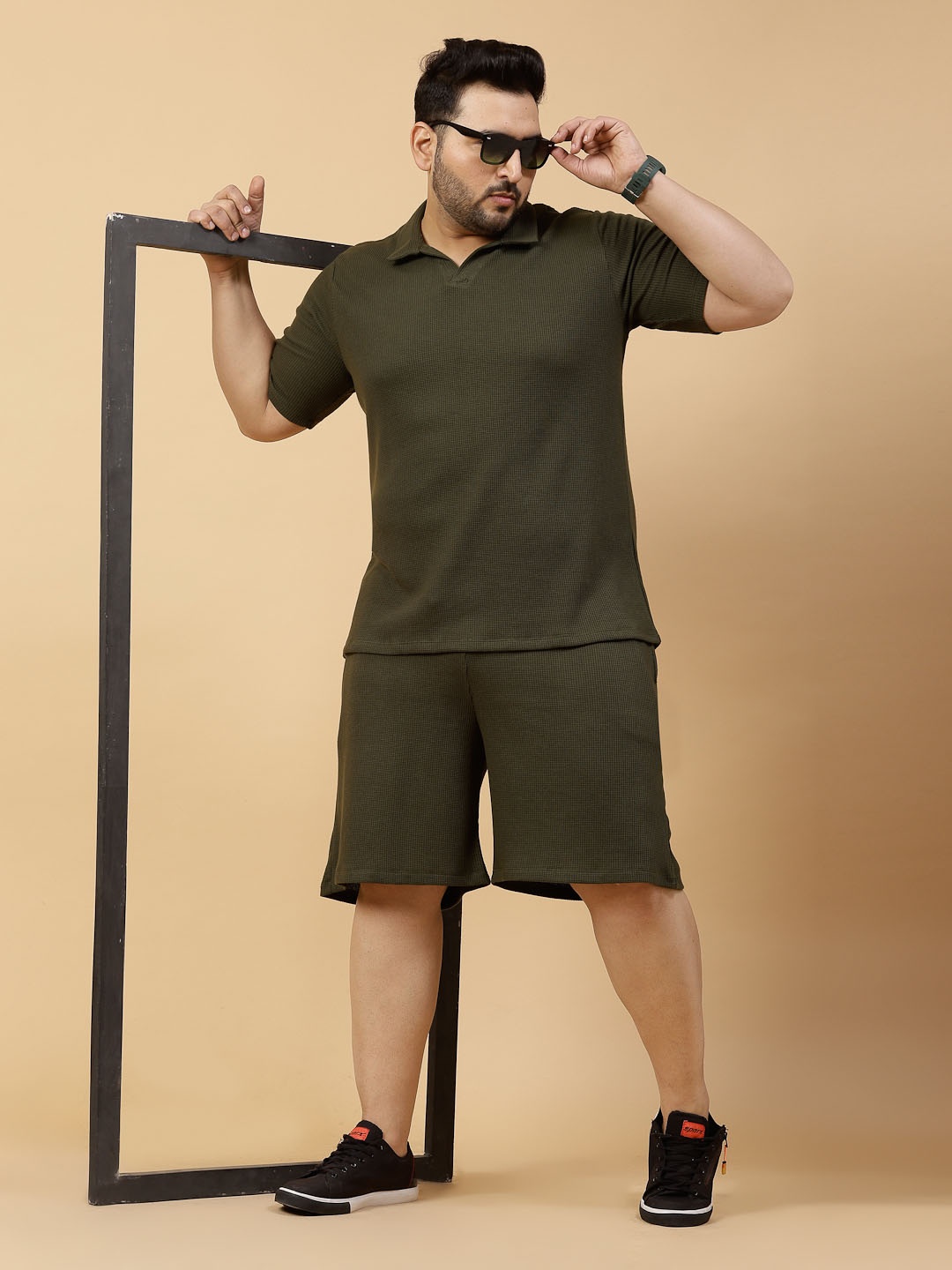 

Rigo Plus Size Waffle T Shirt With Shorts Co Ord Set, Olive