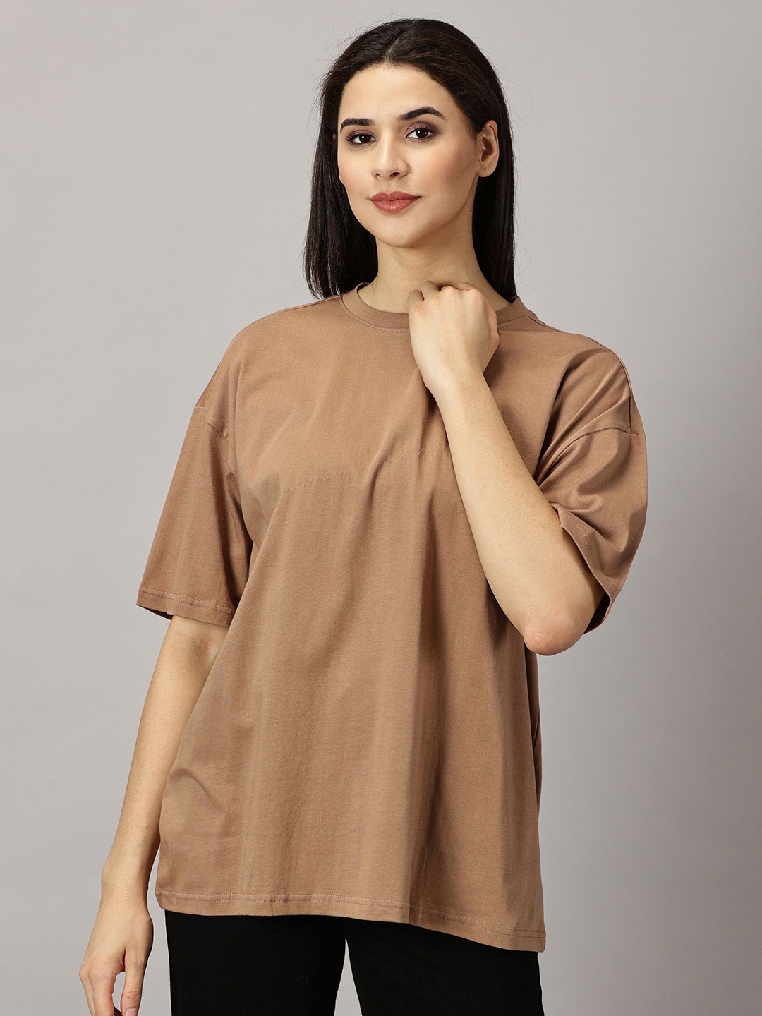 

THE HOLLANDER Drop Shoulder Sleeves Cotton Oversized T-shirt, Brown
