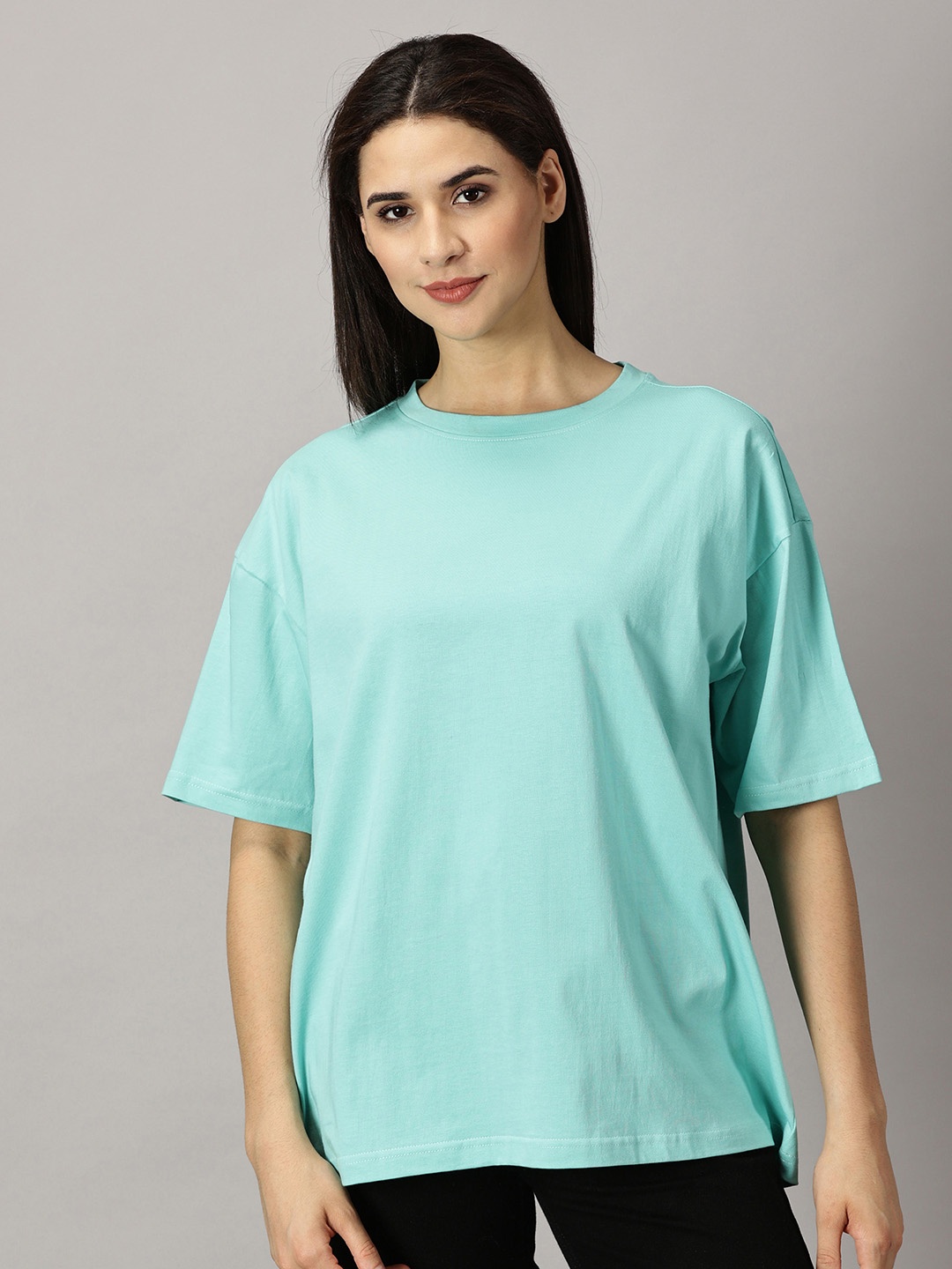 

THE HOLLANDER Round Neck Drop-Shoulder Sleeves Cotton Oversized T-shirt, Turquoise blue