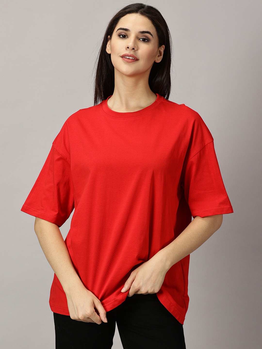 

THE HOLLANDER Drop Shoulder Sleeves Cotton Oversized T-shirt, Red