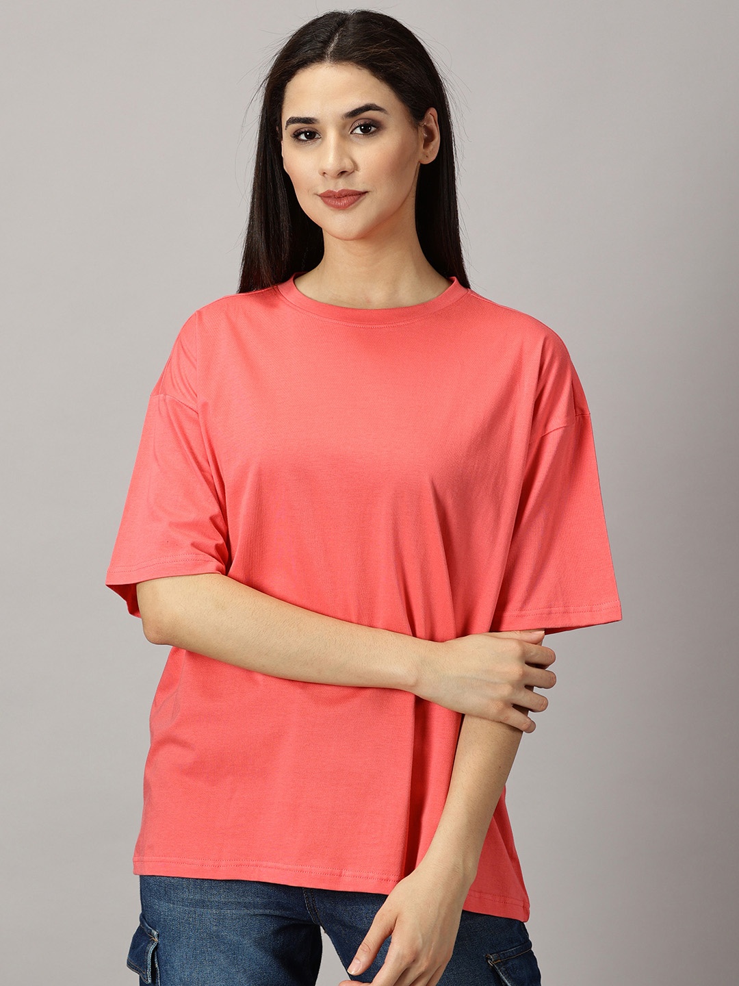 

THE HOLLANDER Drop Shoulder Sleeves Cotton Oversized T-shirt, Pink