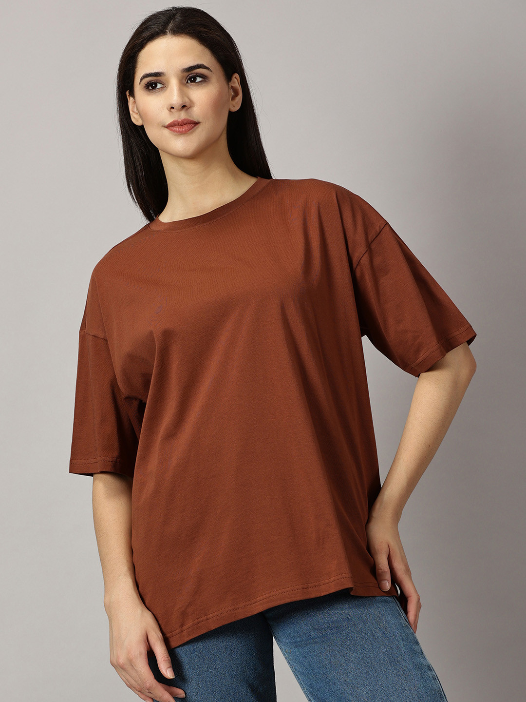 

THE HOLLANDER Drop Shoulder Sleeves Cotton Oversized T-shirt, Coffee brown