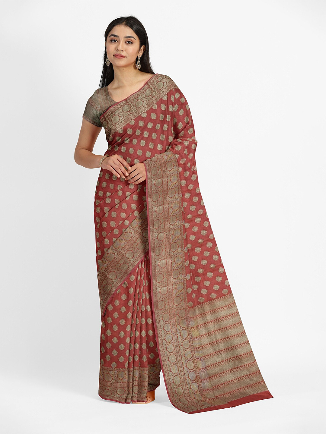 

Muskan Fashion Ethnic Motifs Woven Design Zari Pure Georgette Banarasi Saree, Peach